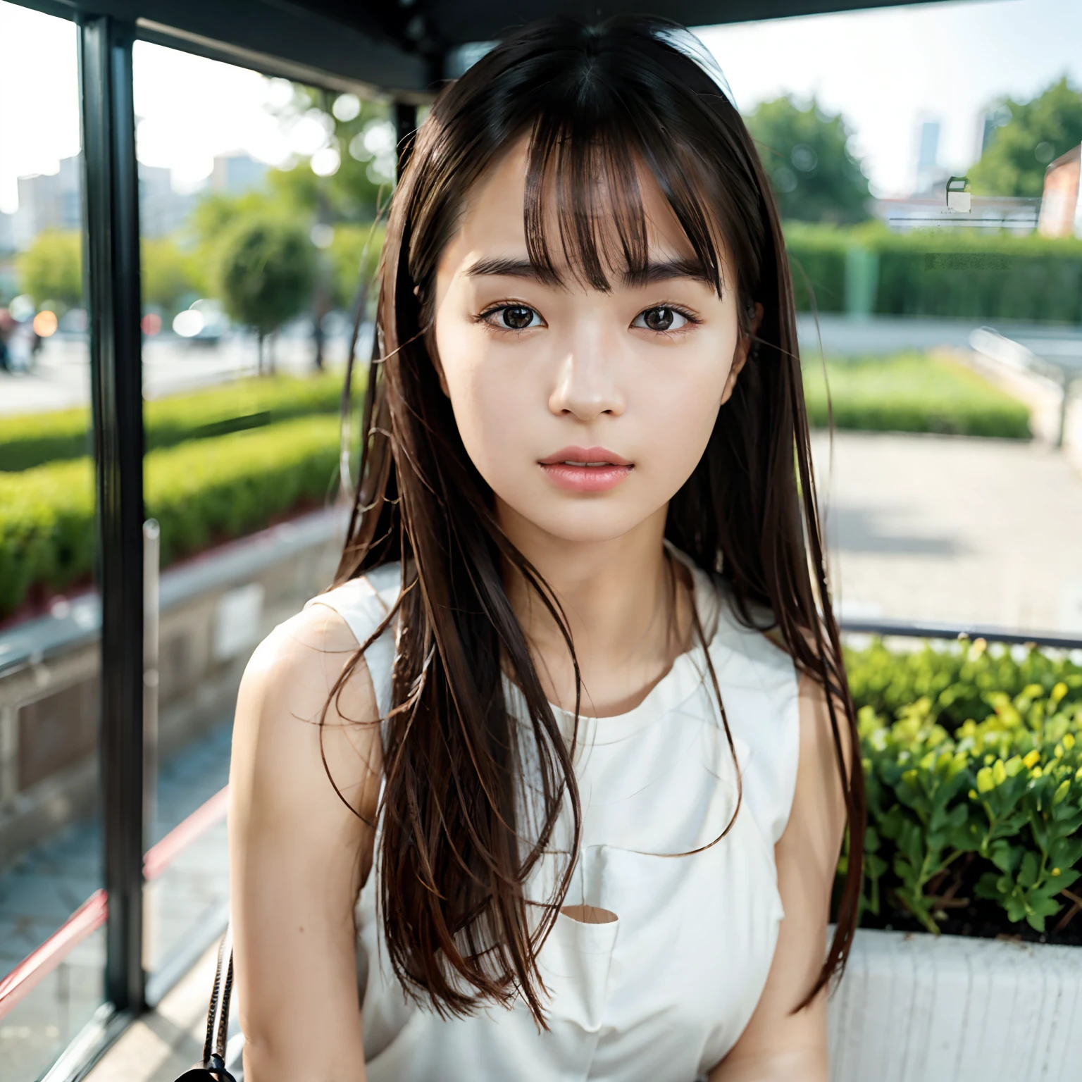 Top quality, best image quality, masterpiece, 1 girl, brown hair, brown eyes, clear skin, well-formed face, detailed face, straight long hair, white simple camisole, outdoor, park