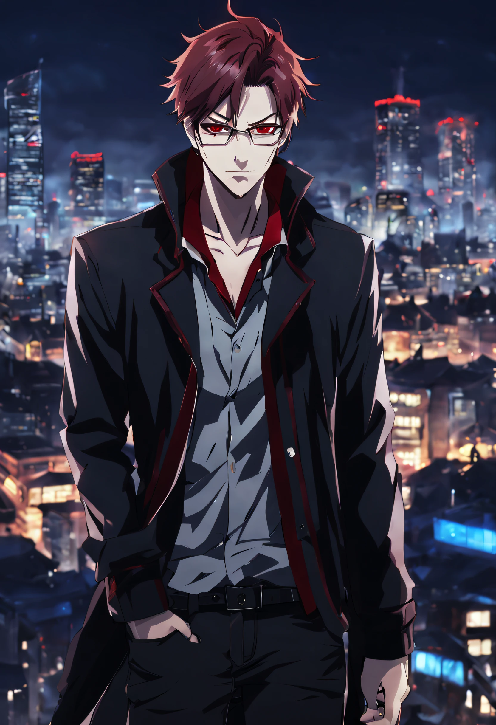 anime character with dark hair with red highlights and a black jacket, with red hair, scruffy face hair, transparent glasses, anime handsome man, male anime character, 1boy, solo, suoh mikoto, k project, (((vampire))), insanity, malkavian, city in background, (night), smirk, cowboy shot, dynamic lighting