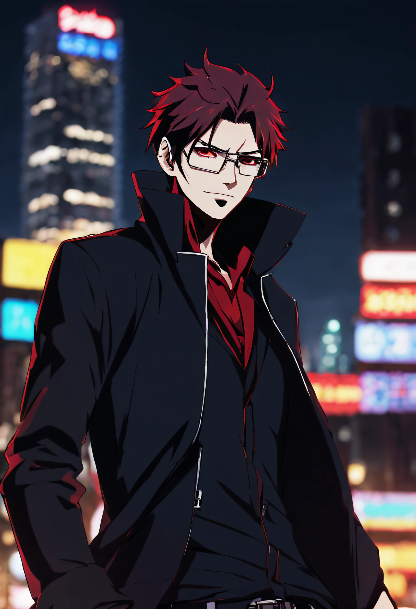 anime character with dark hair with red highlights and a black jacket, with red hair, scruffy face hair, transparent glasses, anime handsome man, male anime character, 1boy, solo, suoh mikoto, k project, (((vampire))), insanity, malkavian, city in background, (night), smirk, cowboy shot, dynamic lighting