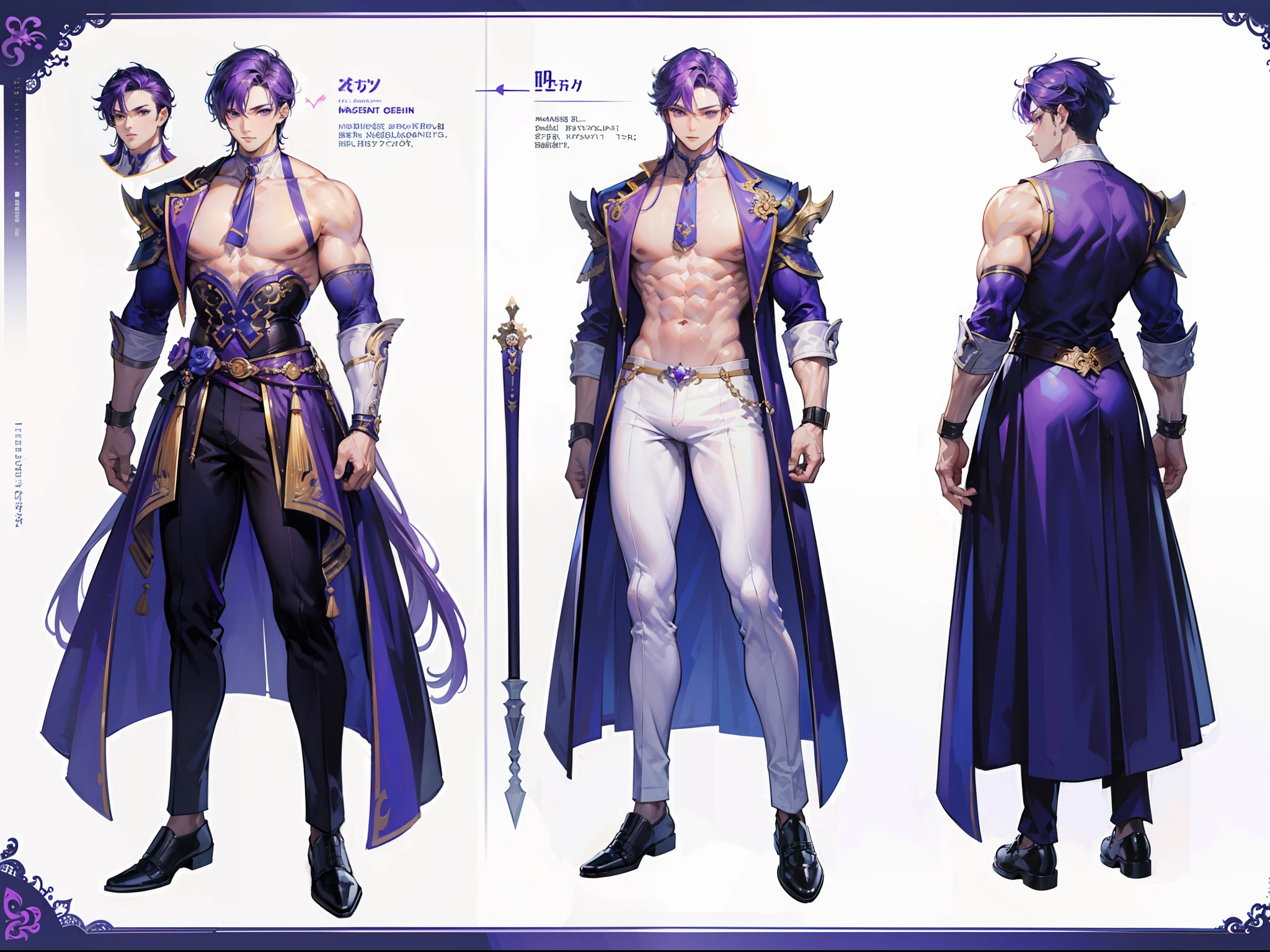 ((Masterpiece, Highest quality)), Detailed face, character design sheet, full bodyesbian, Full of details, frontal body view, back body view, Highly detailed, Depth, Many parts, Muscle boy with purple hair,handsome man, navy, commander, man tall, pectoral muscles, abs