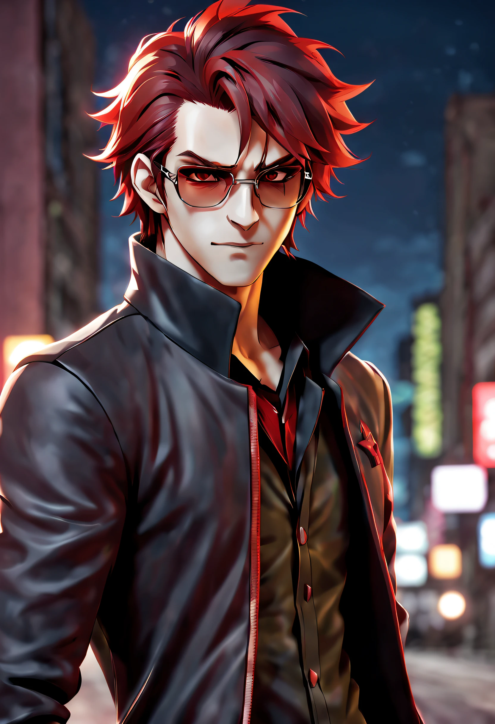 anime character with dark hair with red highlights and a black jacket, with red hair, scruffy face hair, transparent glasses, anime handsome man, male anime character, 1boy, solo, suoh mikoto, k project, (((vampire))), insanity, malkavian, city in background, (night), smirk, cowboy shot, dynamic lighting