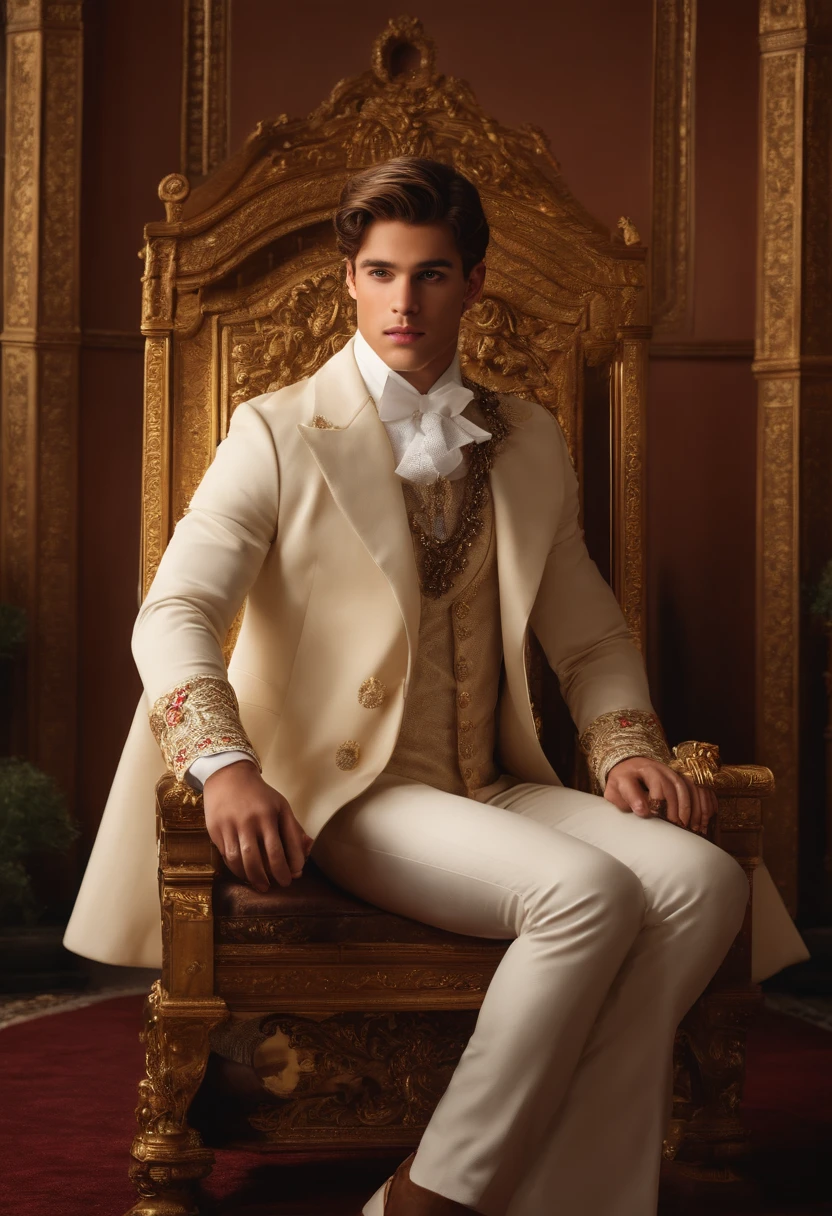 ju, Here's an image prompt for a realistic portrait of a prince:

A realistic portrait of a young and handsome prince, 18 anos. Ele tem cabelos e olhos pretos, and is wearing a formal princely european costume from 2015. He's sitting on a throne. The background is a luxurious throne room, com paredes douradas e colunas entalhadas.