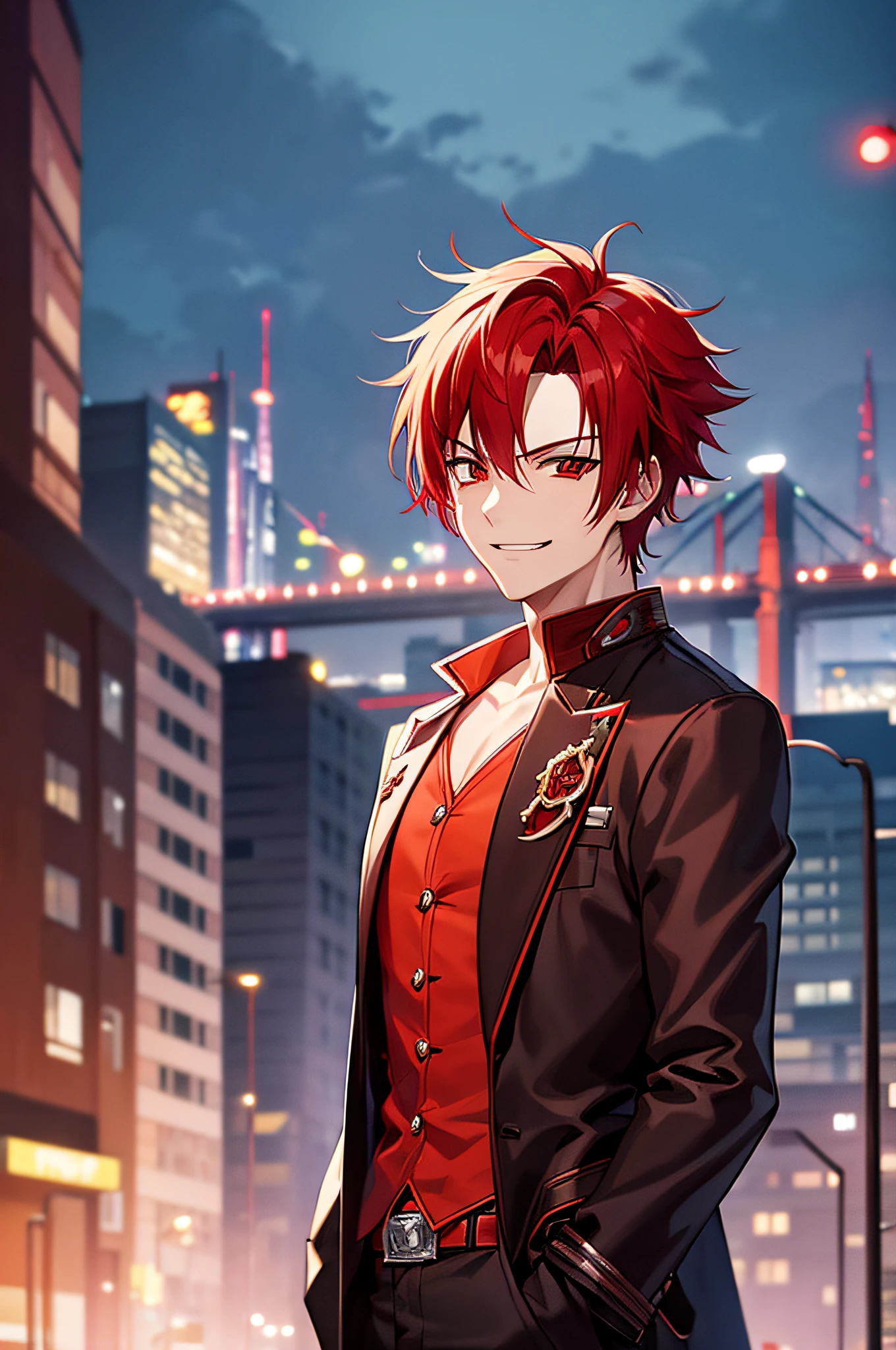 anime character with red hair and a black jacket, with red hair, anime handsome man, male anime character, 1boy, solo, suoh mikoto, k project, (((vampire))), insanity, malkavian, city in background, (night), smirk, cowboy shot, dynamic lighting