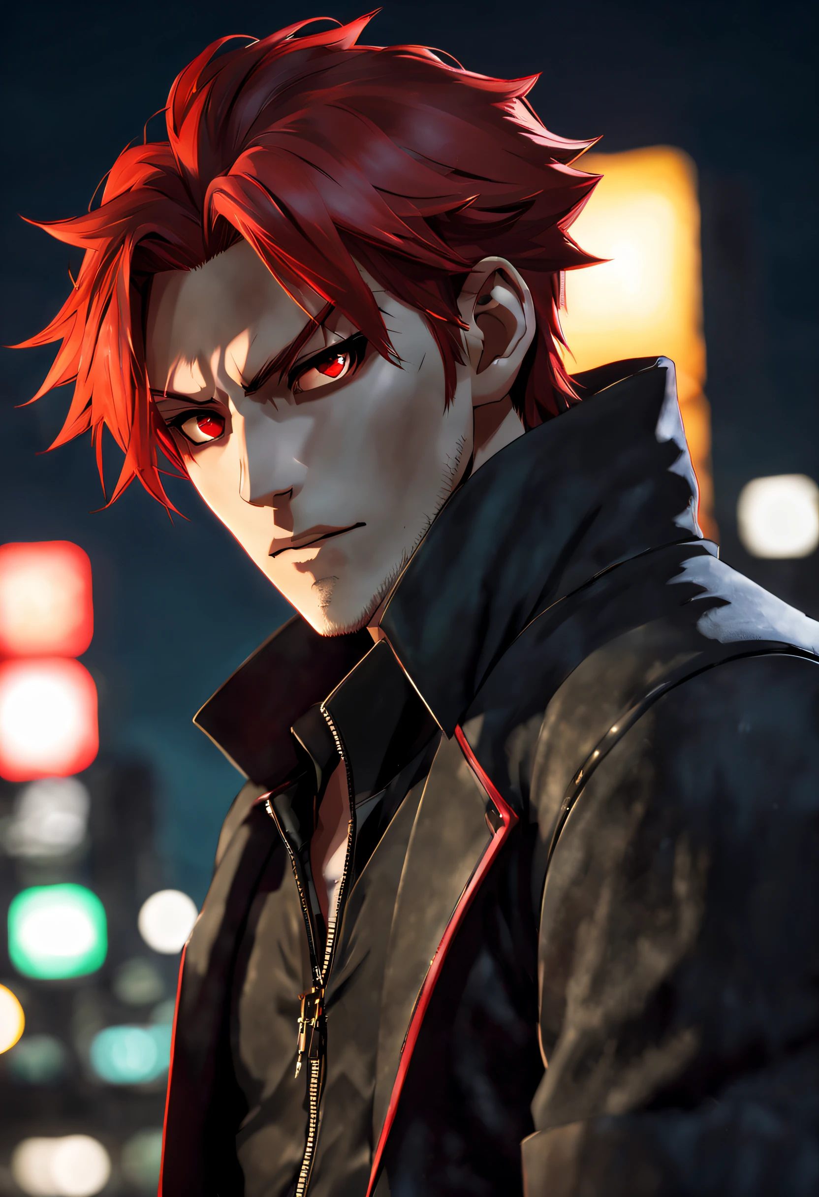 anime character with red hair and a black jacket, with red hair, anime handsome man, male anime character, 1boy, solo, suoh mikoto, k project, (((vampire))), insanity, malkavian, city in background, (night), smirk, cowboy shot, dynamic lighting