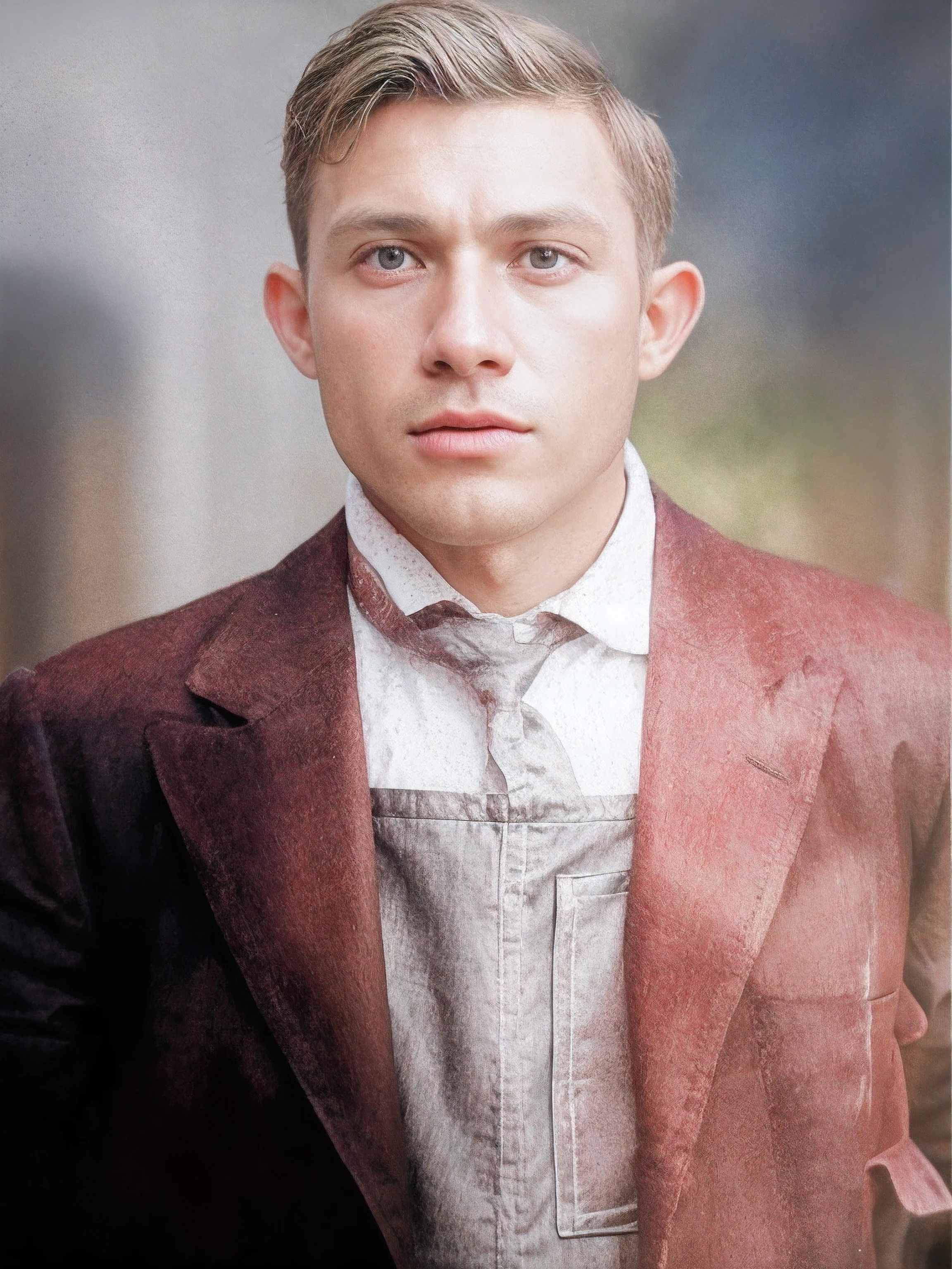 Homem de cabelo castanho claro, olhos azuis, casaco castanho escuro, usa uma camisa branca por baixo, usa uma gravata e uma capa por baixo do casasco de cor cinza, tem uma caneta no bolso do casaco, raw photo, amazing photograph, best quality, 8K, high quality, Ultra detailed, (best quality), (high detailed skin, full sharp:1.2), 8k uhd, dslr, detailed face