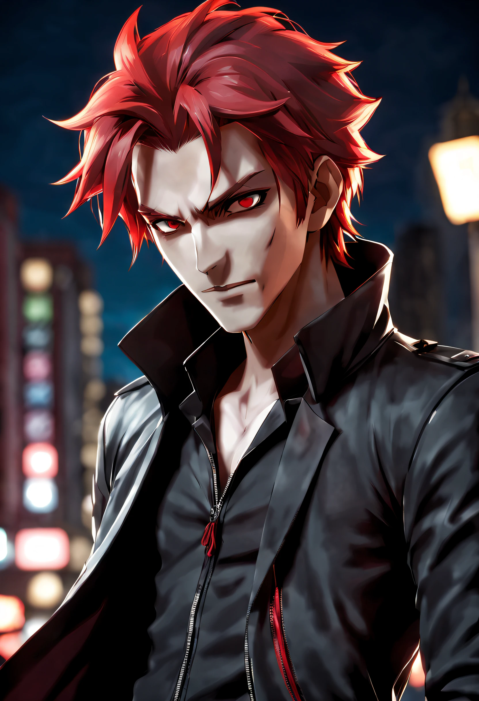 anime character with red hair and a black jacket, with red hair, anime handsome man, male anime character, 1boy, solo, suoh mikoto, k project, (((vampire))), insanity, malkavian, city in background, (night), smirk, cowboy shot, dynamic lighting
