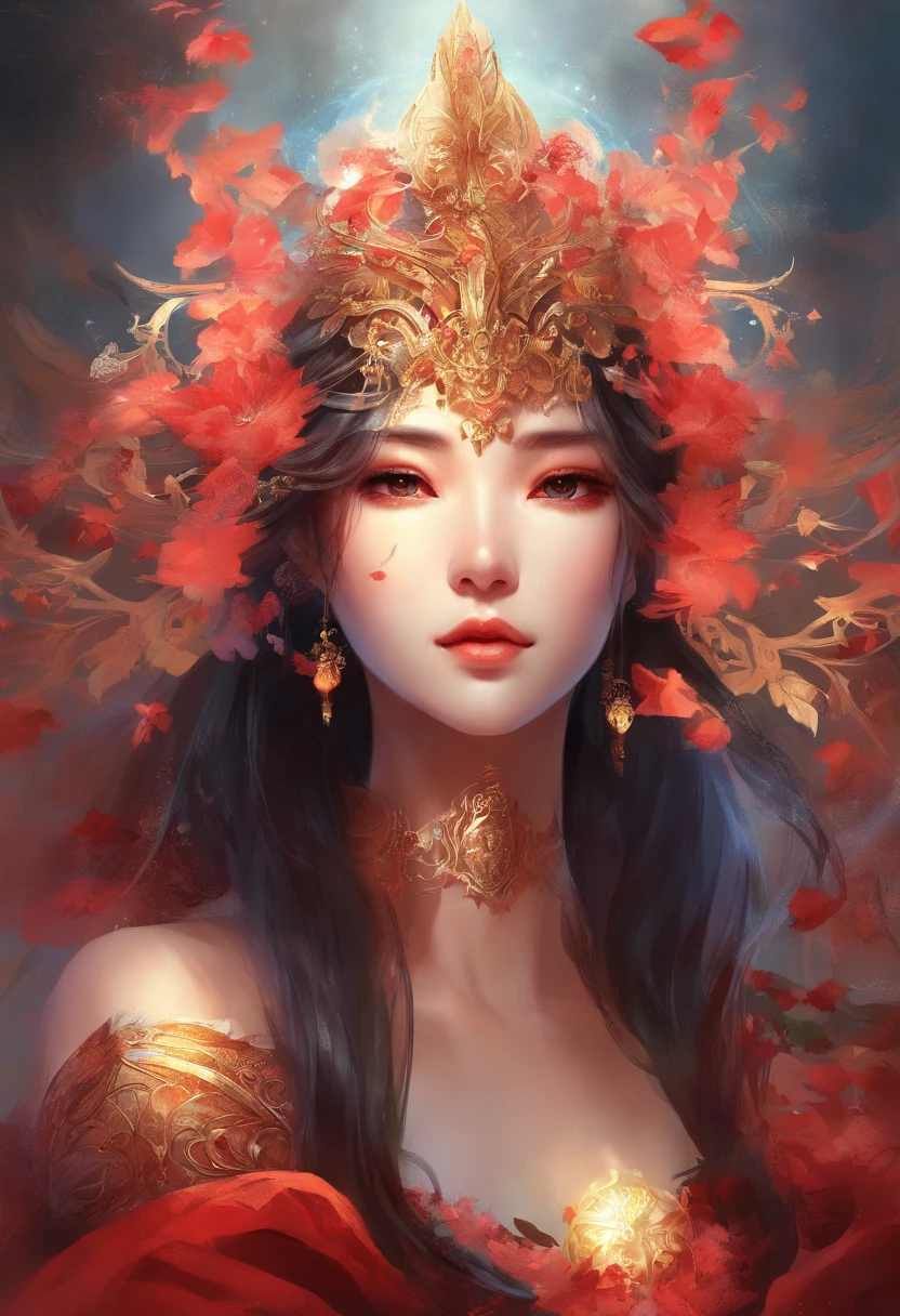 Black-haired god, white mask woman, red wedding dress, crying, close-up figure painting, gorgeous Guwiz style art, breathtaking epic character painting, Fan Qi, Yang J, Wu Zhun Shifan, etc., wonderful artistic journey on Guwiz Pixiv.