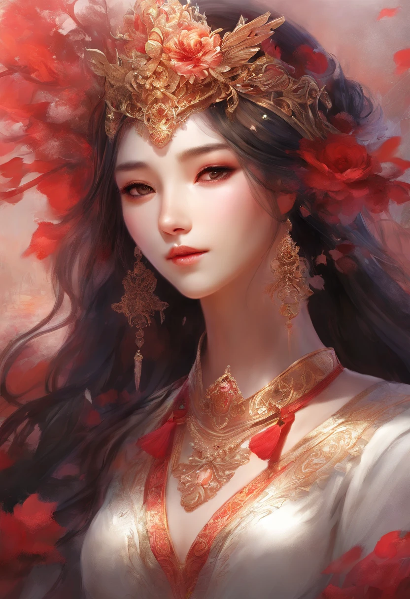 Black-haired god, white mask woman, red wedding dress, crying, close-up figure painting, gorgeous Guwiz style art, breathtaking epic character painting, Fan Qi, Yang J, Wu Zhun Shifan, etc., wonderful artistic journey on Guwiz Pixiv.