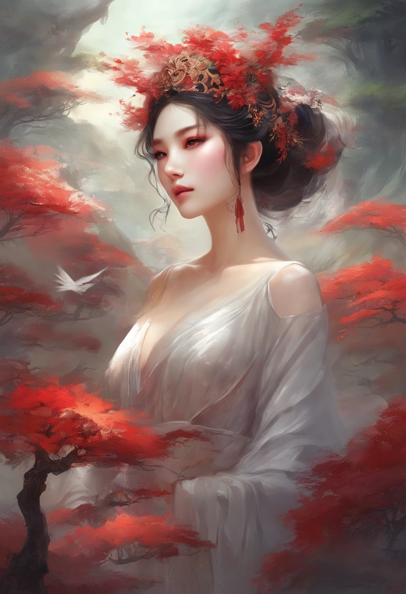 Black-haired god, white mask woman, red wedding dress, crying, close-up figure painting, gorgeous Guwiz style art, breathtaking epic character painting, Fan Qi, Yang J, Wu Zhun Shifan, etc., wonderful artistic journey on Guwiz Pixiv.