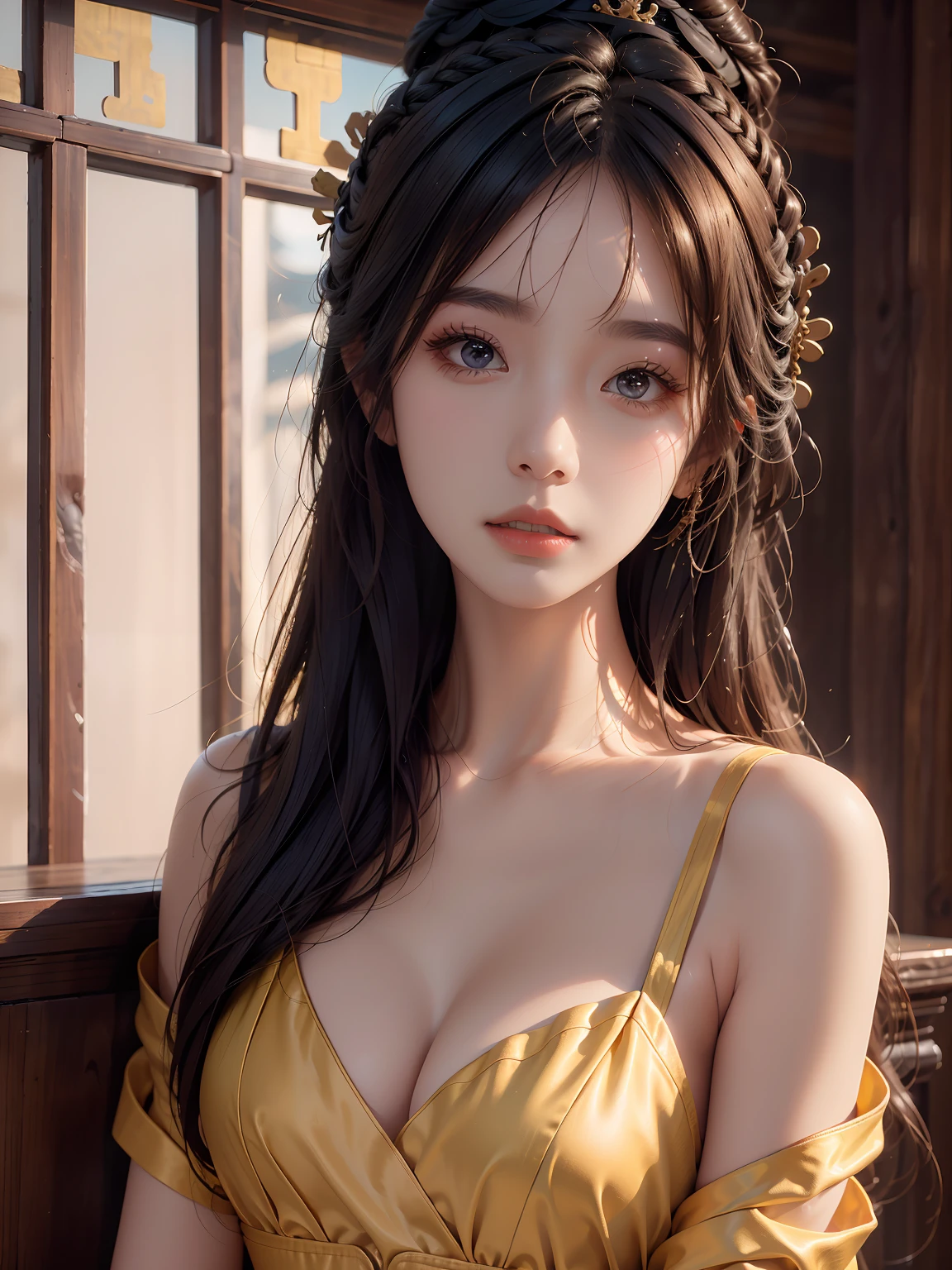 (The best quality), ((Masterpiece)), China, (1girl), solo, ((complete body)), dDetailed and realistic face, beautiful detailed eyes and lips, long eyelashes, expressive facial features, Ming Dynasty, chinese ancient costume, white and yellow dress, beatiful girl, (full body), detailed dress, jjae, 8k, 4k, UHD, Depth and dimension, the background is a simple wall, depth of field, background diffused,