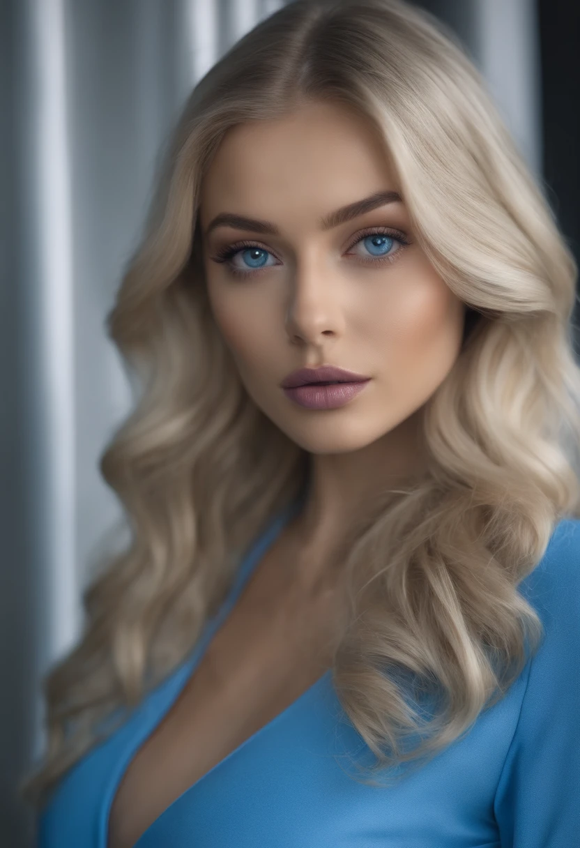 Woman wearing matching blue clothing , girl with blue eyes, portrait sophie mudd, portrait corinna kopf, blonde hair and large eyes, Augen im club Violet Myers, ohne Make-up, Natural makeup, Make-up, Stunning full body shot