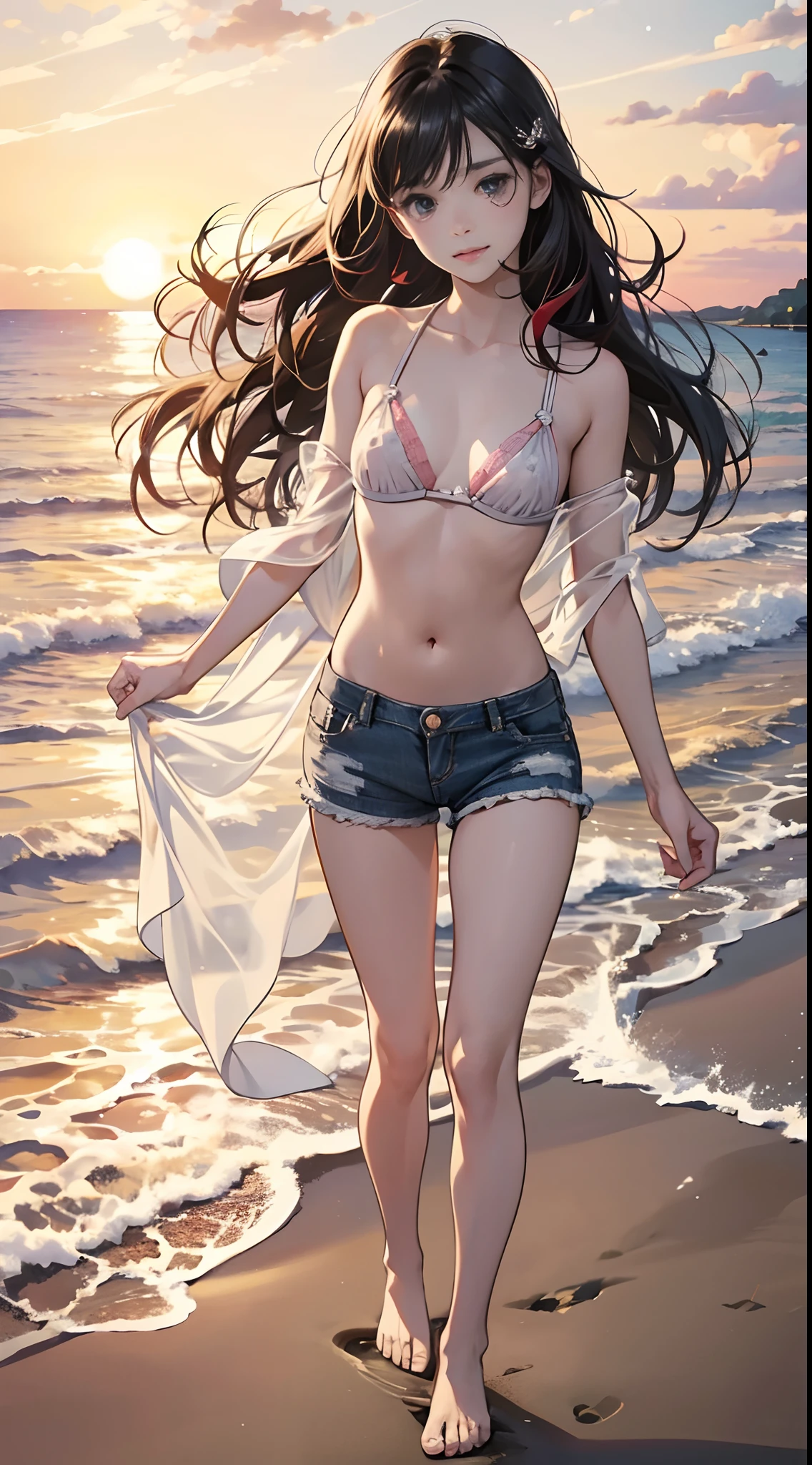 (Best Quality,4K,High resolution), Delicately expressed illustrations with realistic details，the beach，kawaii，Frolic and laugh，Long straight hair with red highlights on black hair，Clear eyes delicately expressed in every detail，sharp eye，See-through cardigan，Bikini bra，Denim shorts，bare-legged，Sunset background，Gentle waves and sunset，Walk along a secluded beach，End of summer，Summer melancholy，comic strip，animesque，Comical illustration，Realistic cute illustrations delicately drawn in detail，Full body close-up，Lit up