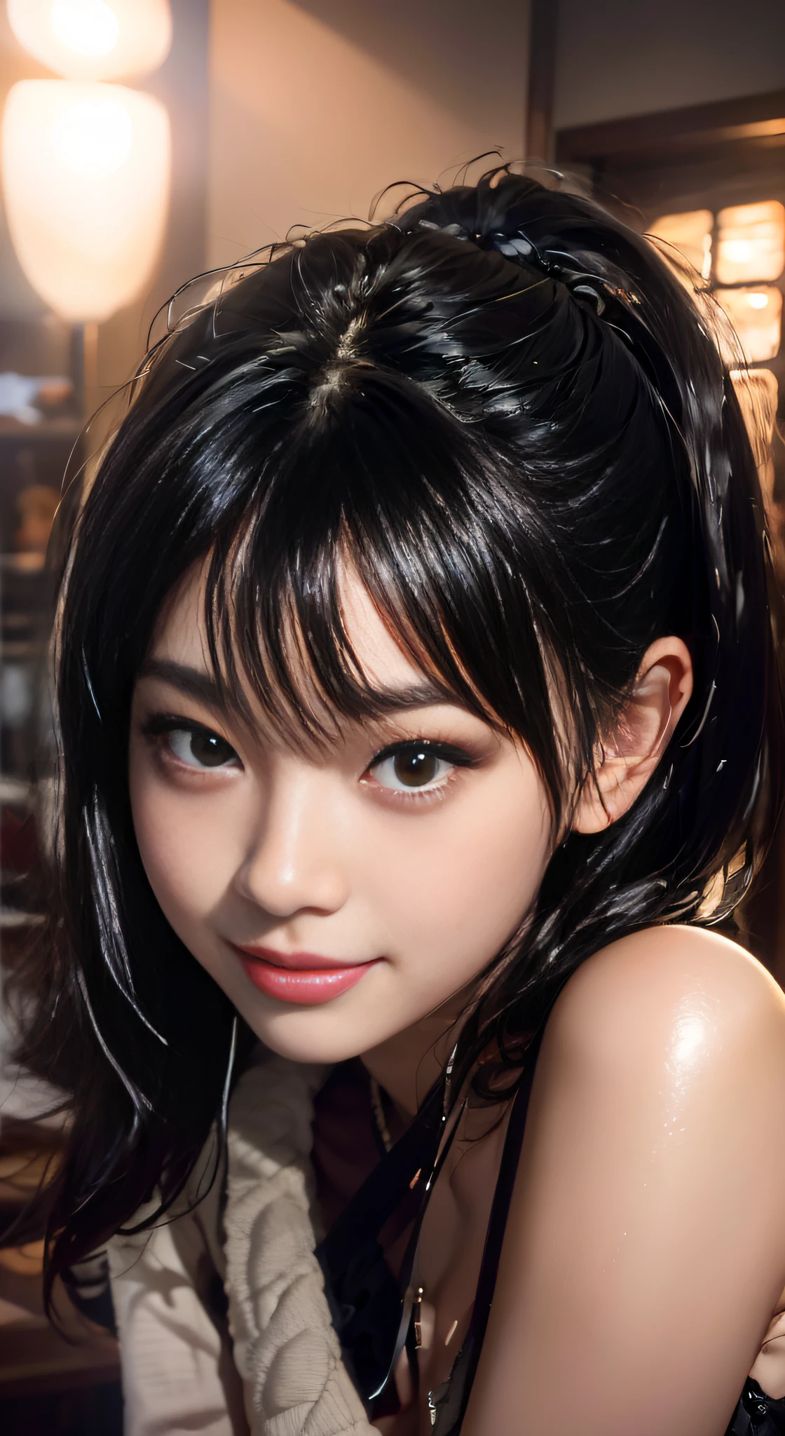Black hair, hair bobbles, , longeyelashes,( Solid Circle Eyes), , lightsmile, ear blush, , surrealism, drop shadow, anaglyph, stereograms, Tachi-e, , Atmospheric perspective, in 8K, Super Detail, ccurate, Best Quality, nffsw, retinas, 、(cute seductive smile, Beautiful Asian Girl), Beautiful Asian Woman, friendly seductive smile, cute young woman, , young cute wan asian face, Korean Girl,