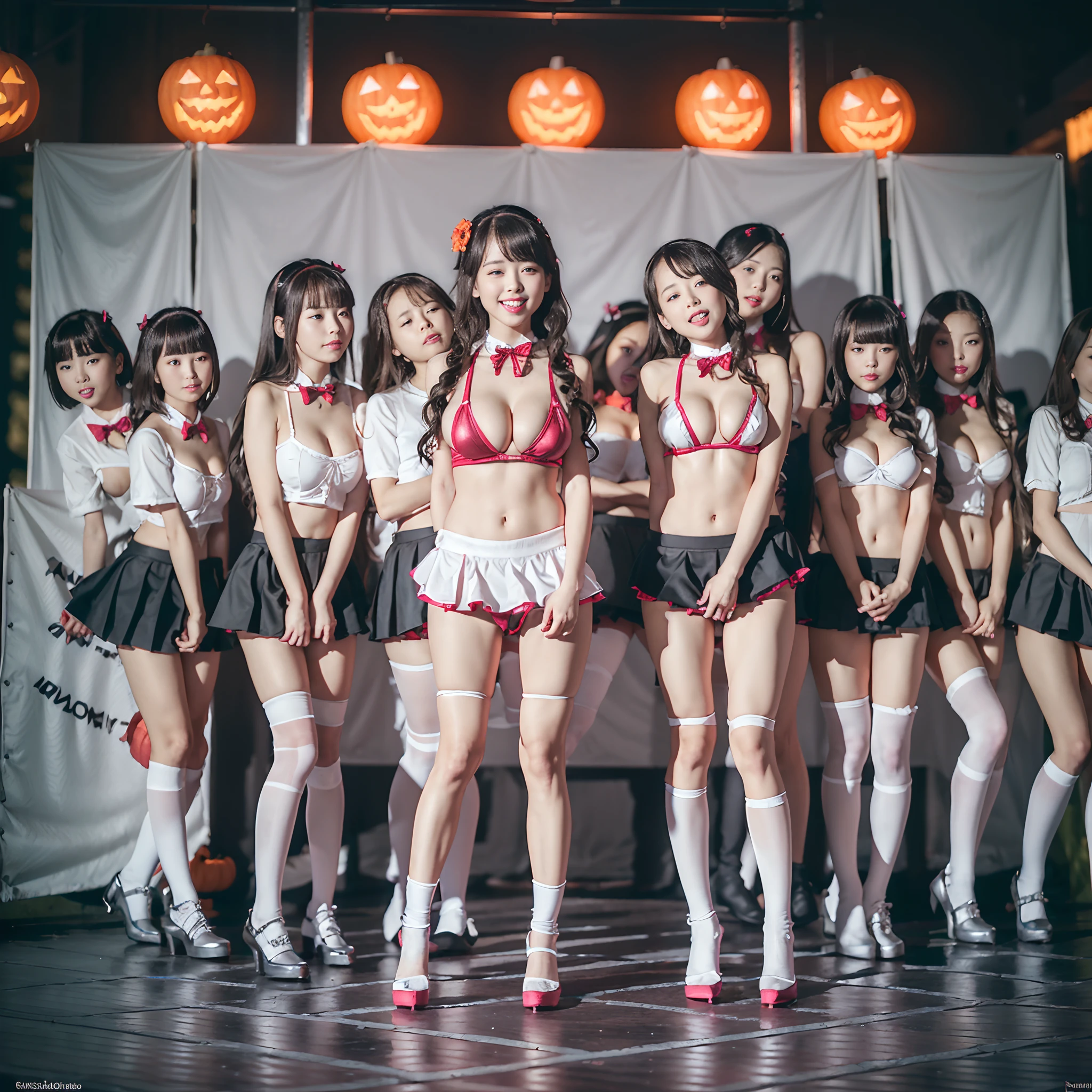 ((( 12 Tiny Girls in a row:1.2, Shibuya Hachiko-mae scramble crossing on Halloween:1.2))), (masterpiece:1.2, best quality, photorealistic:1.37), {(Standing Full Body:1.2)|(from below:1.2)}, short silver hair, {School Uniform|naked bandage|tutu}, (Detailed KAWAII face, Detailed Oily Porcelain skin), {Bustling street|(Passerby schoolgirls)| halloween| neon}, {(Childish:1.2|Gigantic Cleavage:1.37|Underboob:1.2)}, {flower wreath|Red leather high collar}, {Floating hair|Strong wind|((Ass focus))}, (((Skirtlift:1.2))), {(Kissing face to face)|:p|:d|laugh|sparkle|joyful|delighted},extremely Detailed,