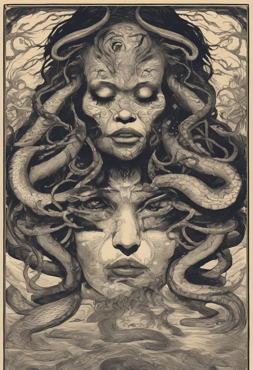 Medusa, hand drawn ink on paper illustration, vintage 2d line art, double exposure, optical illusion, snake skin dress, (face, ornate black metal corpse paint, resembles Grace Jones), (lamia, gorgon, snake woman hybrid, human upper-body, snake tail lower-body), snake-haired, (art style "Sean Gordon Murphy" comic drawing, splash panel), body drawn in Frederic Delavier musculature anatomical illustration art style, candid, (horror, abstract, surreal, body, cosmic),  (background, pine barrens, entropy, rewilding, magic hour nautical twilight), (snake-haired head covered in snakes, resemble pantera great southern trendkill), silhouette, full length portrait, (Naga, snakefolk), (colors, forest green to earth brown, merge bleak muted deep fiery radiant glowing CMYK hues, (art style Gerardo Zaffino charcoal), nyctophobia,