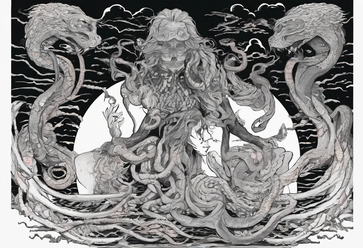 Medusa, hand drawn ink on paper illustration, vintage 2d line art, double exposure, optical illusion, snake skin dress, (face, ornate black metal corpse paint, resembles Grace Jones), (lamia, gorgon, snake woman hybrid, human upper-body, snake tail lower-body), snake-haired, (art style "Sean Gordon Murphy" comic drawing, splash panel), body drawn in Frederic Delavier musculature anatomical illustration art style, candid, (horror, abstract, surreal, body, cosmic), (background, pine barrens, entropy, rewilding, magic hour nautical twilight), (snake-haired head covered in snakes, resemble pantera great southern trendkill), silhouette, full length portrait, (Naga, snakefolk), (colors, forest green to earth brown, merge bleak muted deep fiery radiant glowing CMYK hues, (art style Gerardo Zaffino charcoal), nyctophobia,