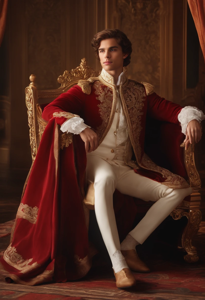 ju, Here's an image prompt for a realistic portrait of a prince:
A realistic portrait of a young and handsome prince, 18 anos. Ele tem cabelos e olhos pretos, and is wearing a formal princely european costume from 2015. He has a perfect hands. He's sitting on a throne. The background is a luxurious throne room, com paredes douradas e colunas entalhadas.