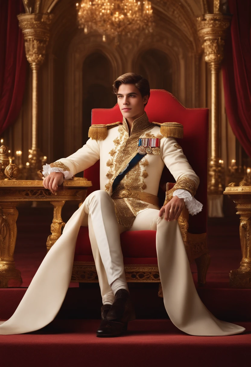 ju, Here's an image prompt for a realistic portrait of a prince:

A realistic portrait of a young and handsome prince, 18 anos. Ele tem cabelos e olhos pretos, and is wearing a formal princely european costume from 2015. He has a perfect hands. He's sitting on a throne. The background is a luxurious throne room, com paredes douradas e colunas entalhadas.
