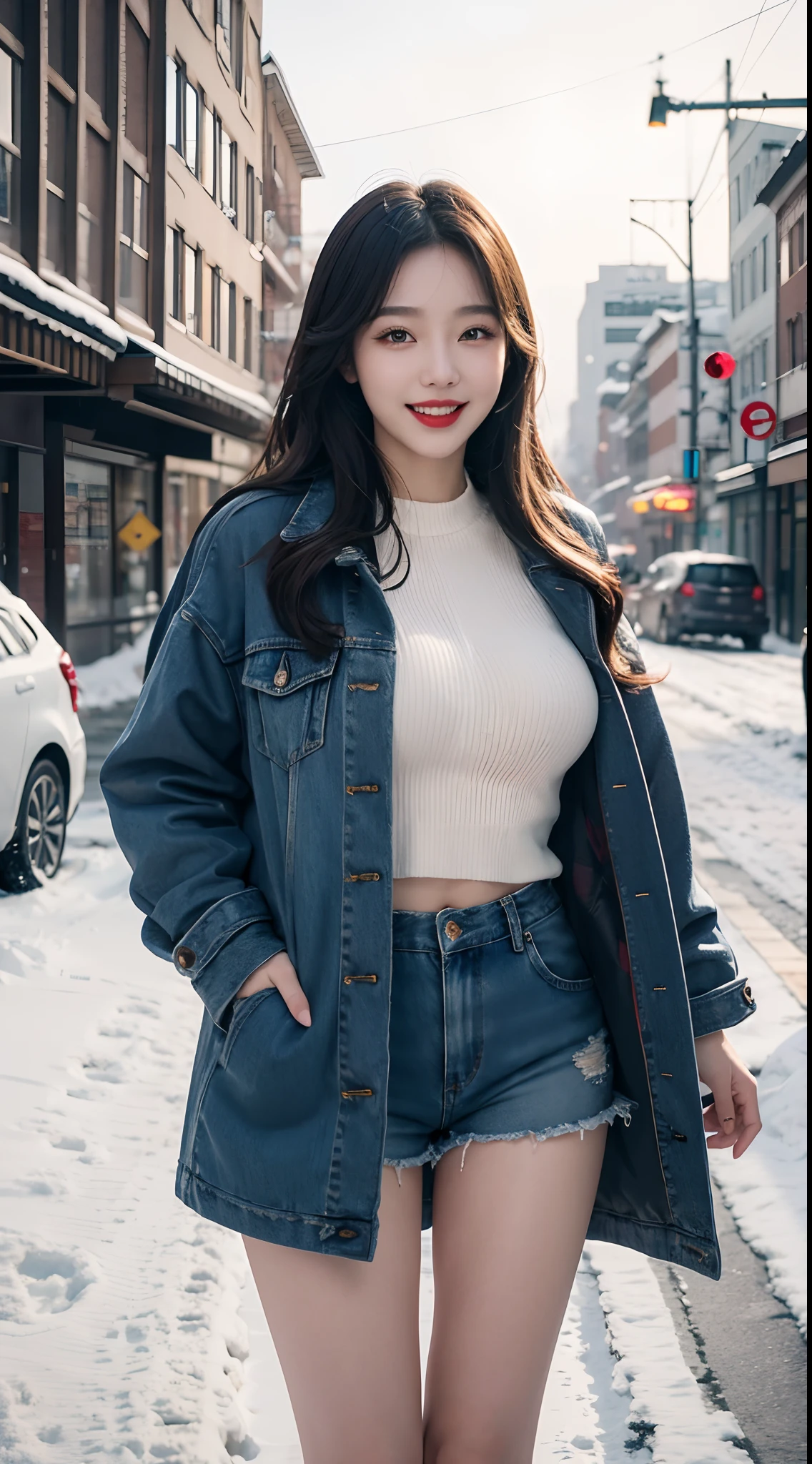 best quality, 4k, 8k, Detailed faces, clear face, pretty girls, Korean makeup, Red lips, laugh, perfect body, big breasts, thigh, The girl wears a long and wide coat, jean jacket, Underneath the jacket was a toptube and tight short shorts, lower abdomen, Snowscape, winter, street,