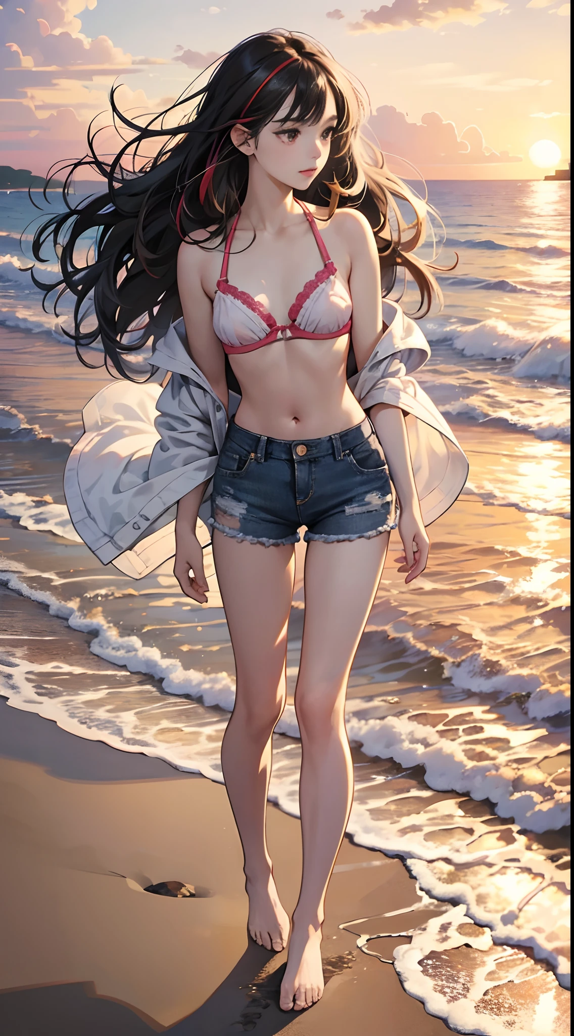 (Best Quality,4K,High resolution), Delicately expressed illustrations with realistic details，the beach，kawaii，Look away from the camera，Long straight hair with red highlights on black hair，Clear eyes delicately expressed in detail，sharp eye，see through cardigan，Bikini bra，Denim shorts，bare-legged，Sunset background，Gentle waves and sunset，Walk along a secluded beach，End of summer，Summer melancholy，comic strip，animesque，Comical illustration，Realistic cute illustrations delicately drawn in detail，Full body close-up，Lit up