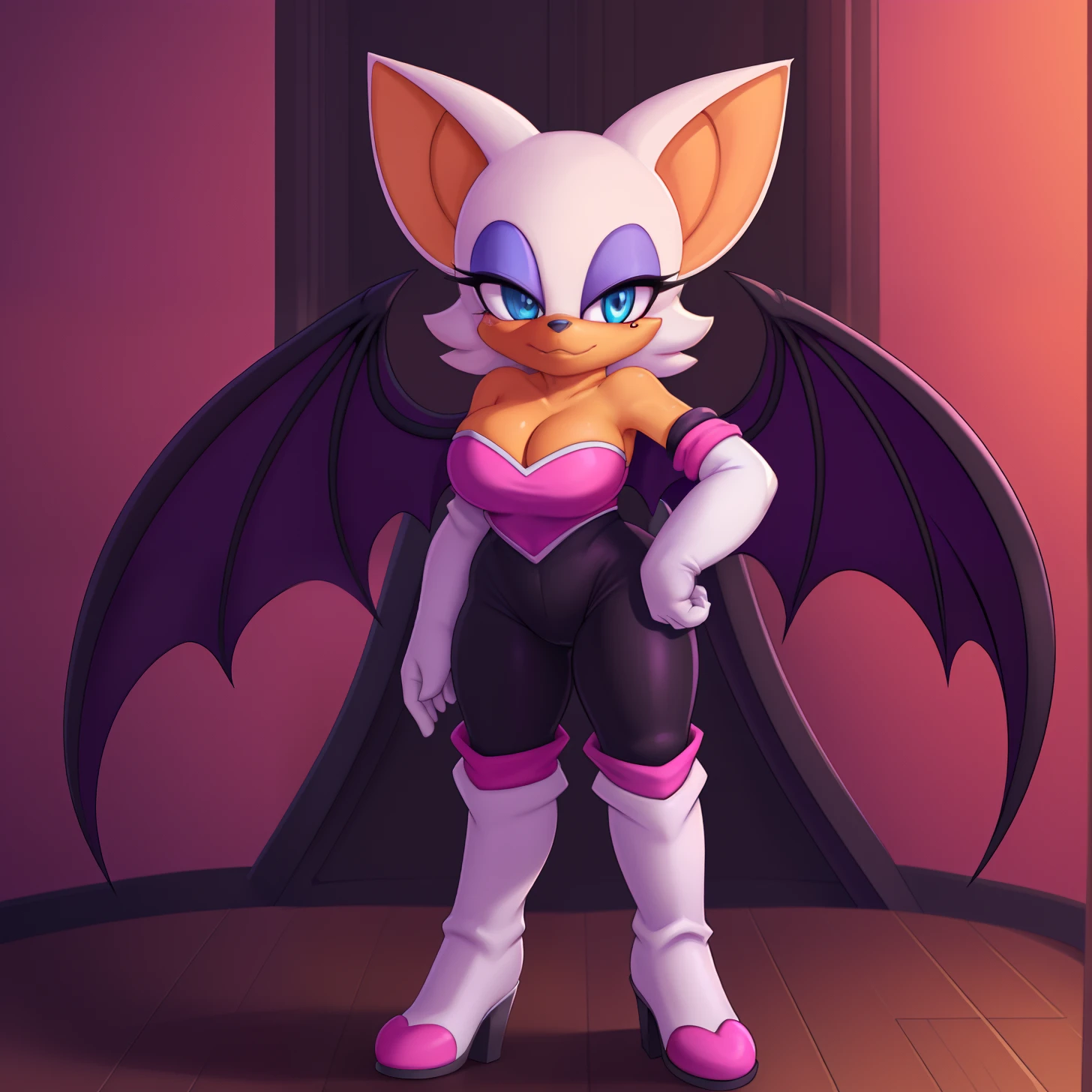 [rouge the bat], [Uploaded to e621.net; (Pixelsketcher), (twistedterra), (napalm_express)], ((masterpiece)), ((solo portrait)), ((furry; anthro)), ((detailed fur)), ((beautiful artwork)), ((detailed shading)), ((beautiful 3D render art)), ((intricate details)), {anthro bat; (beautiful woman's body), (orange and white fur), black nose, big ears, beautiful blue eyes, (purple bat wings), (seductive gaze)}, {(cleavage), (black spandex tights), (white knee high boots)}, {(attractive pose)}, [background; (museum), (dark room), (red glowing ruby)]