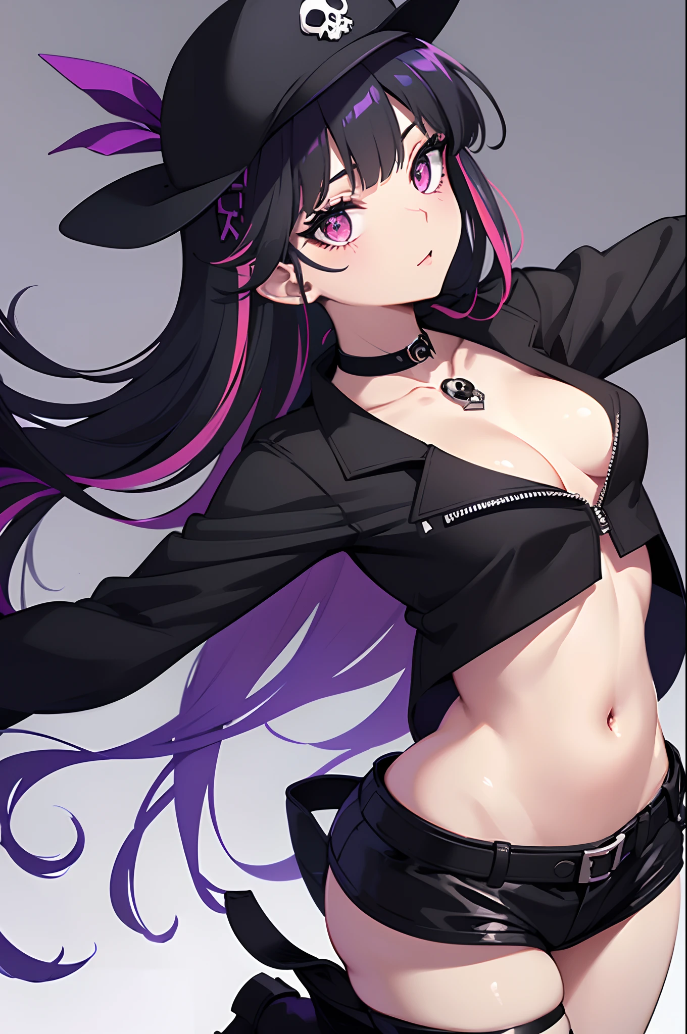 masterpiece, best quality,super fine illustration, perfect anatomy, correct anatomy, perfect proportion, perfect face, perfect hands, perfect legs, perfect fingers, perfect hands, professional lighting, best quality, ultra detailed, extremely delicate and beautiful, 4k, 8k, clearly drawn face, beautiful eyes, beautifully detailed eyes, highly detailed eyes, (1girl,solo,((black hair 1.2)(purple hair 1.2)slim thighs,long straight hair, blunt bangs, (multicolored hair:1.5),(two-tone hair:1.2), (gradient hair:1.3), multicolored eyes, standing, long hair, looking at viewer, blush, girl, choker, thigh strap, (eyeliner:1.2), eyeshadow, navel, midriff, pink eyes, combat boots, skull hair clip, black flat bill hat, black jacket, purple pants, ribbon, simple white background, fit to canvas