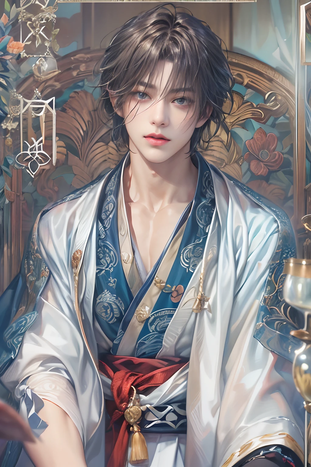 (absurderes, hight resolution, ultra-detailliert, nffsw), masutepiece, Best Quality, 1 boy , Hakuoki character, Short hair, Handsome face, anime eyes,Detailed interior, detailed character