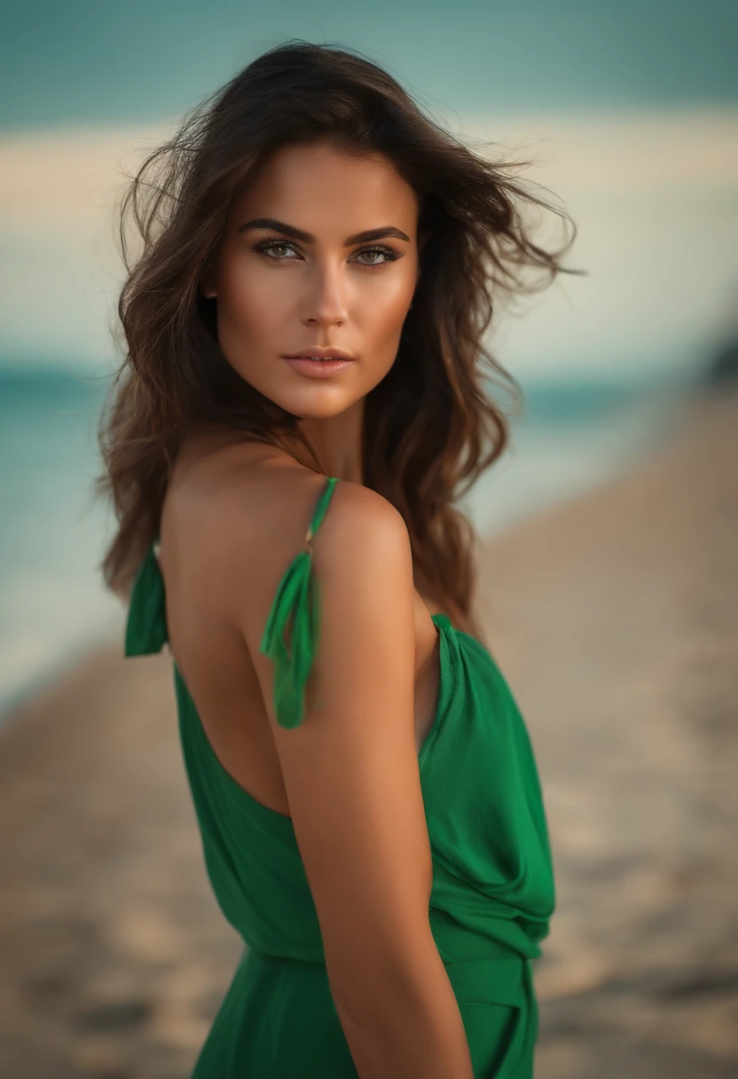 femme brune, yeux vert clair, Slight smile, en bikini, sur la plage
