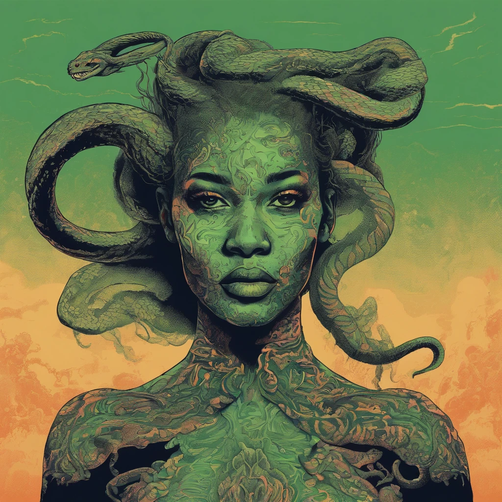 Medusa, hand drawn ink on paper illustration, vintage 2d line art, double exposure, optical illusion, snake skin dress, (face, ornate black metal corpse paint, resembles Grace Jones), (lamia, gorgon, snake woman hybrid, human upper-body, snake tail lower-body), snake-haired, (art style "Sean Gordon Murphy" comic drawing, splash panel), body drawn in Frederic Delavier musculature anatomical illustration art style, candid, (horror, abstract, surreal, body, cosmic), (background, pine barrens, entropy, rewilding, magic hour nautical twilight), (snake-haired head covered in snakes, resemble pantera great southern trendkill), silhouette, full length portrait, (Naga, snakefolk), (colors, forest green to earth brown, merge bleak muted deep fiery radiant glowing CMYK hues, (art style Gerardo Zaffino charcoal), nyctophobia,