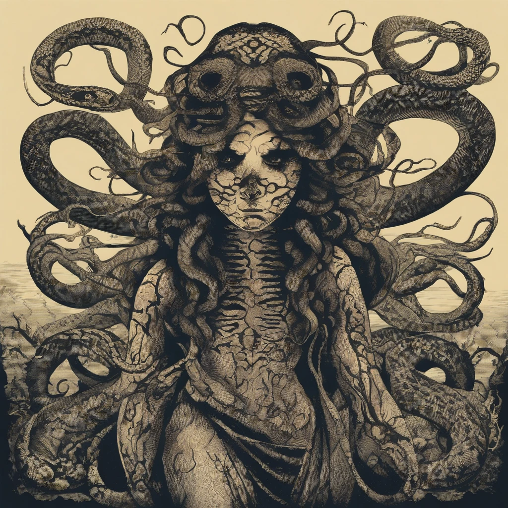 Medusa, hand drawn ink on paper illustration, vintage 2d line art, double exposure, optical illusion, snake skin dress, (face, ornate black metal corpse paint, resembles Grace Jones), (art style "Sean Gordon Murphy" comic drawing, splash panel), body drawn in Frederic Delavier musculature anatomical illustration art style, snake-haired, candid, (horror, abstract, surreal, body, cosmic), (lamia, gorgon, snake woman hybrid, human upper-body, snake tail lower-body), (background, pine barrens, entropy, rewilding, magic hour nautical twilight), (snake-haired head covered in snakes, resemble pantera great southern trendkill), silhouette, full length portrait, (Naga, snakefolk), (colors, forest green to earth brown, merge bleak muted deep fiery radiant glowing CMYK hues, (art style Gerardo Zaffino charcoal), nyctophobia,