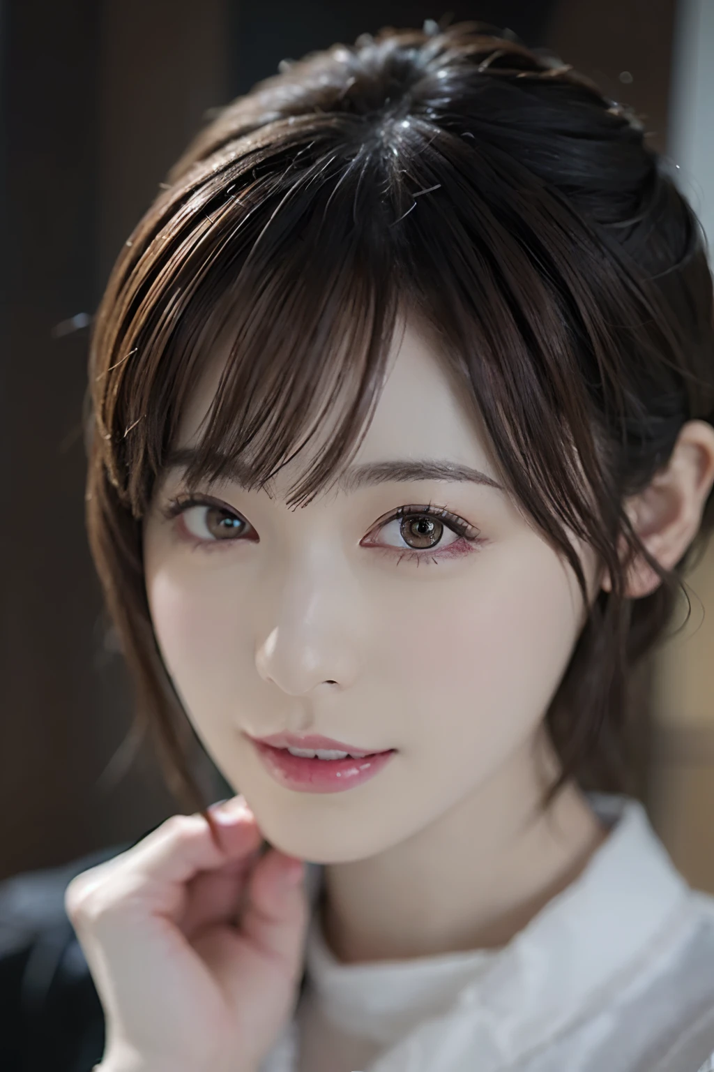 (masuter piece:1.3)、(8K、Photorealsitic、Raw photography、top-quality: 1.4)、(1girl in)、beautiful countenance、(Lifelike face)、(lightbrown hair、a short bob:1.3)、(Beautiful hairstyle:1.4)、Beautiful details、（real looking skin）、Beautiful skins、absurderes、enticing、超A high resolution、A hyper-realistic、high-detail、the golden ratio、、bilaterally symmetrical