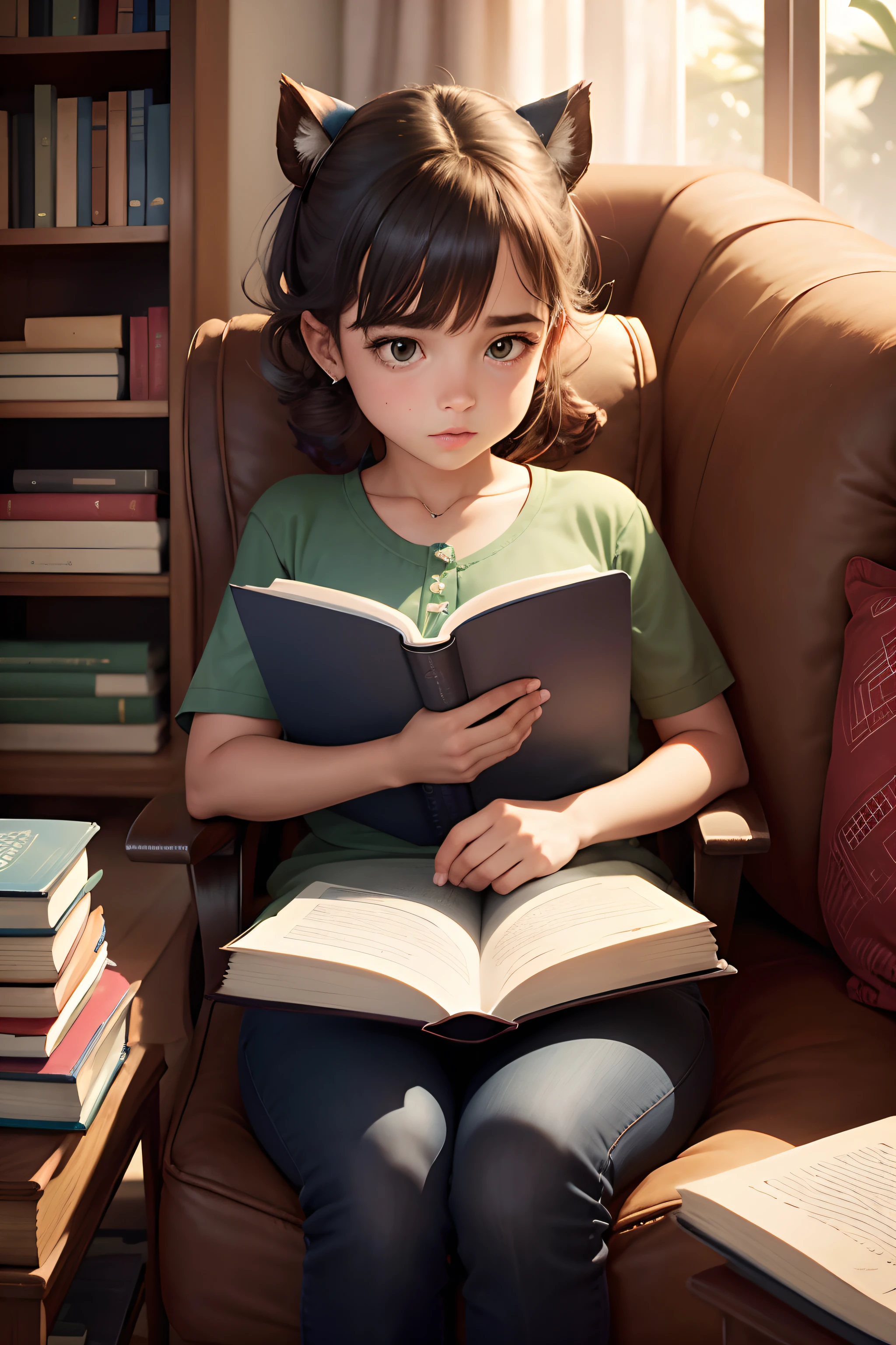 There is a girl sitting in a chair reading a book - SeaArt AI