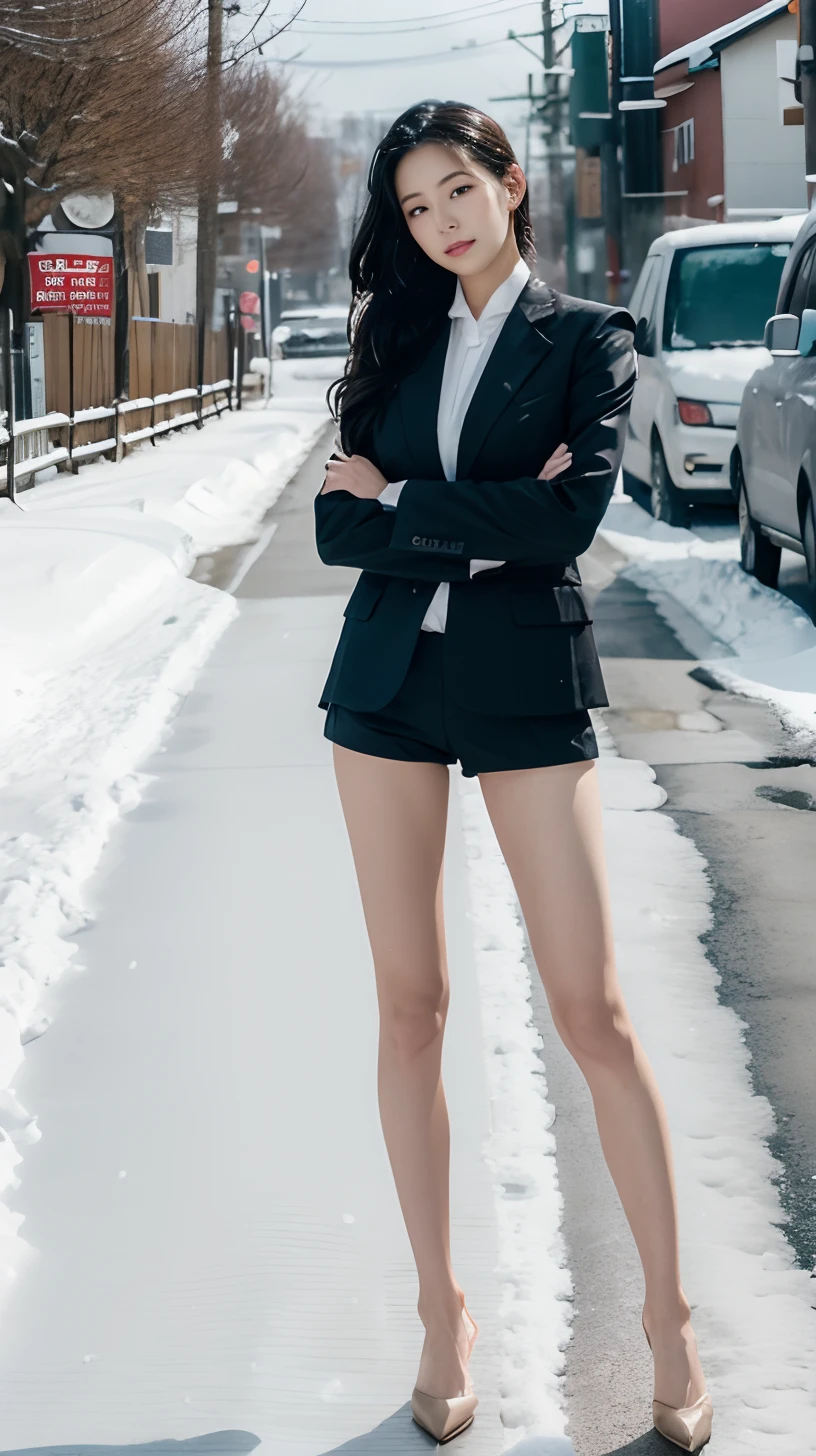 A Japanese Lady、beauitful face、二重まぶた、big eye、Longhaire、Suits、Micro shorts、beauty legs、Raw feet、、long legged、tall、model poses、arms in arms、Oyuki、snow blowing、snow cover、Hair disheveled in the wind、heavy wind、Wind-tousled hair、Visibility is poor due to snow、