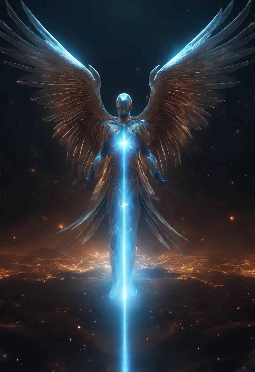 Cosmic Fallen Angel, glowing light eyes, Biomechanical, eerie, nightmarish, Very bright colors, Light particles, with light glowing, Mshiff, wallpaper art, UHD wallpaper