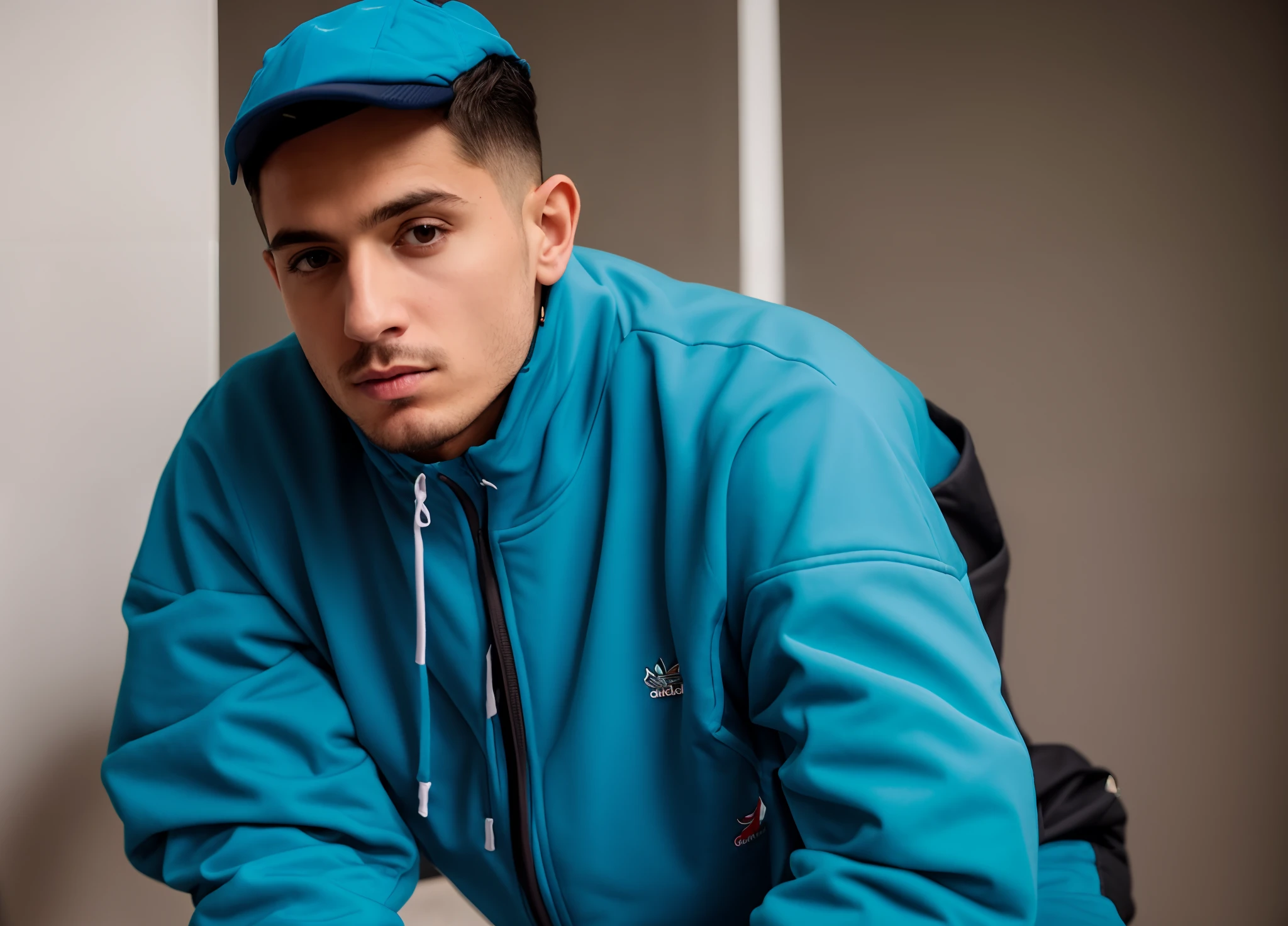 a closeup of a person wearing a jacket and a hat, teddy fresh, No estilo Jordan Grimmer, Estilo de Seb McKinnon, vestindo jaqueta azul, Pete Davidson, Jaqueta azul, Foto de perfil, vestindo uma jaqueta azul, Estilo de Jordan Grimmer, oficial, tommy 1 6 anos de idade, Coelho ruim, arte oficial, Machênico, Homem em Tracksuit Adidas