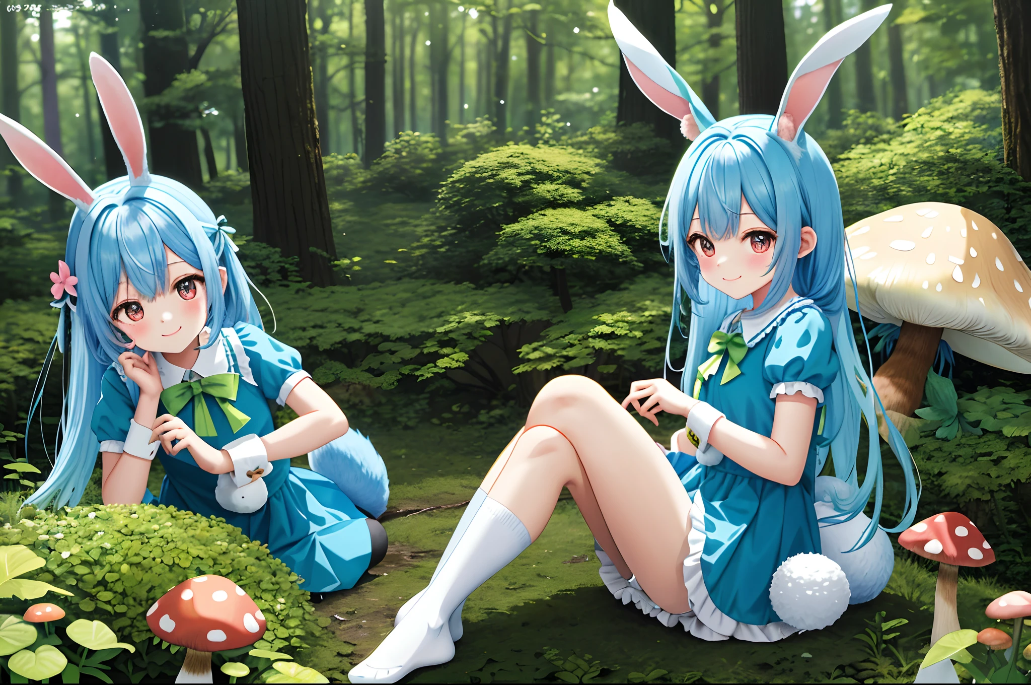 【Top image quality】Kawaii Girl in woods Forest creatures bunny rabbit dark circles a squirrel There is also a。There are also mushrooms。Eared rabbit bare-legged Cute white costume White panty rabbitears shortsleeves Light blue long hair Twin-tailed A charming smile