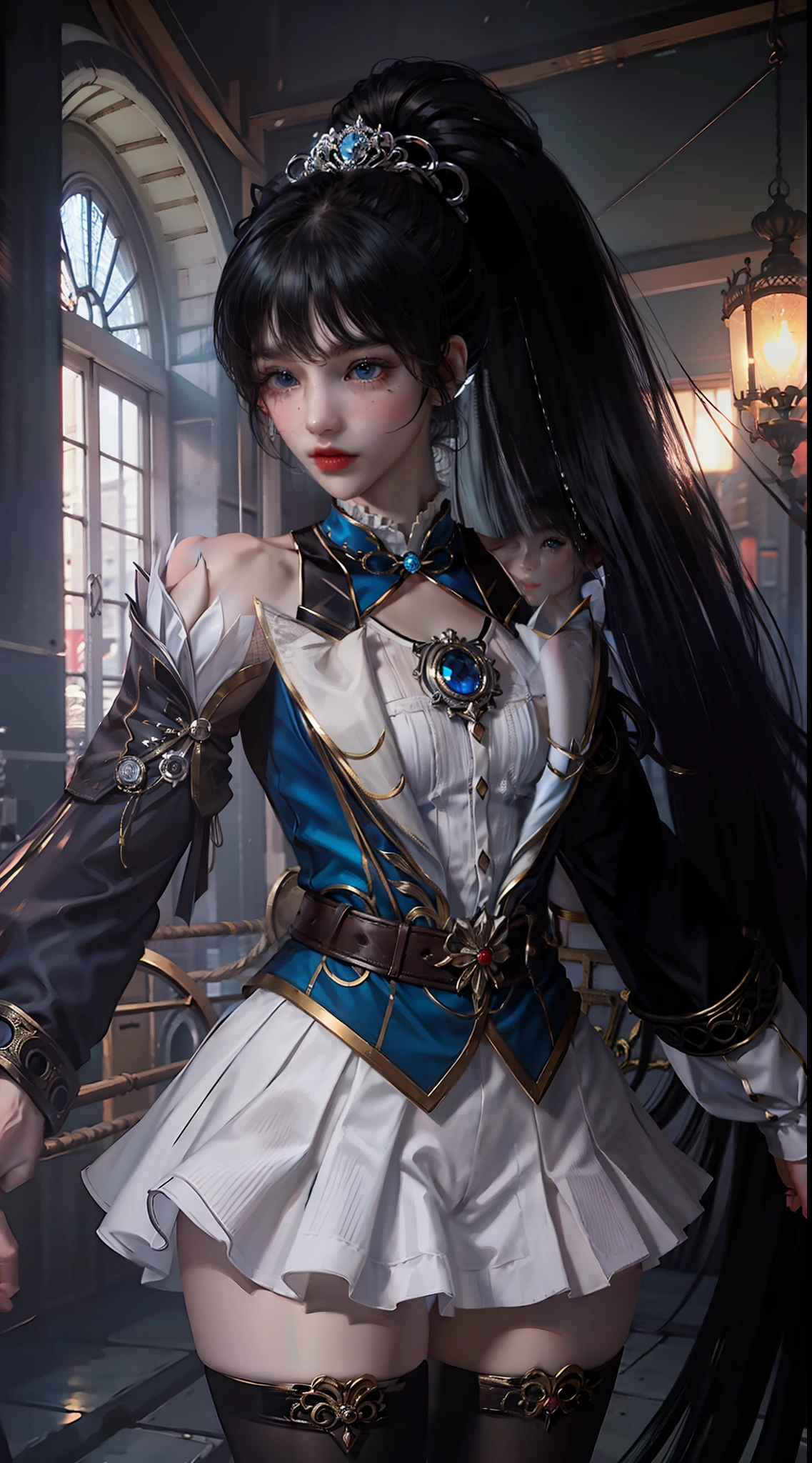1girl, long hair, dress,hair ornament, looking at viewer, mature female, good morning, thighhighs, clothing cutout, bangs, high collar,white skirt,ponytail, cowboy shot, long sleeves, belt,blue eyes,makeup, blush,best qualtiy,8K,tmasterpiece:1.3(Flower Cap:1.3),focal:1.2,Perfect beauty:1.4,glute:1.2,(Layered Hair Style:1.2)),(Dark streets:1.3),独奏,Highly Detailed Face and Skin Textur,full bodyesbian,Elaborate Eyes,二重まぶた,Whitens the skin,long whitr hair,(with a round face:1.5),(Loose Crop Top,shorter pants:1.6,overgrown with poppy flower,