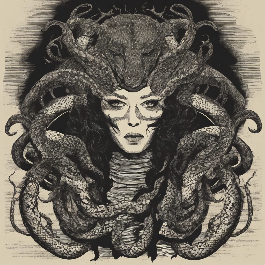 Medusa, hand drawn ink on paper illustration, vintage 2d line art, double exposure, optical illusion, snake skin dress, (face, ornate black metal corpse paint, resembles Grace Jones), (art style "Sean Gordon Murphy" comic drawing, splash panel), body drawn in Frederic Delavier musculature anatomical illustration art style, snake-haired, candid, (horror, abstract, surreal, body, cosmic), (lamia, gorgon, snake woman hybrid, human upper-body, snake tail lower-body), (background, pine barrens, entropy, rewilding, magic hour nautical twilight), (snake-haired head covered in snakes, resemble pantera great southern trendkill), silhouette, full length portrait, (Naga, snakefolk), (colors, forest green to earth brown, merge bleak muted deep fiery radiant glowing CMYK hues, (art style Gerardo Zaffino charcoal), nyctophobia,