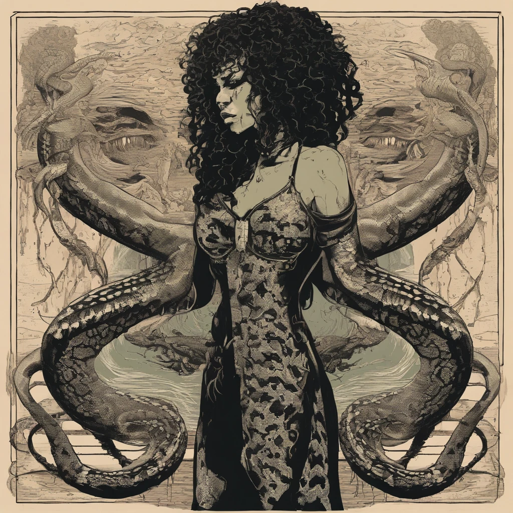 Medusa, hand drawn ink on paper illustration, vintage 2d line art, double exposure, optical illusion, snake skin dress, (face, ornate black metal corpse paint, resembles Grace Jones), (art style "Sean Gordon Murphy" comic drawing, splash panel), body drawn in Frederic Delavier musculature anatomical illustration art style, snake-haired, candid, (horror, abstract, surreal, body, cosmic), (lamia, gorgon, snake woman hybrid, human upper-body, snake tail lower-body),  (background, pine barrens, entropy, rewilding, magic hour nautical twilight), (snake-haired head covered in snakes, resemble pantera great southern trendkill), silhouette, full length portrait, (Naga, snakefolk), (colors, forest green to earth brown, merge bleak muted deep fiery radiant glowing CMYK hues, (art style Gerardo Zaffino charcoal), nyctophobia,