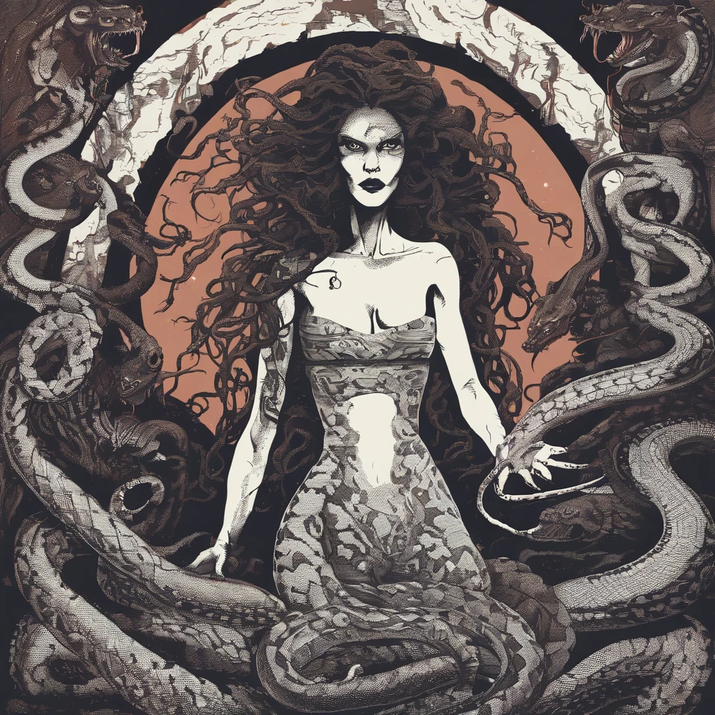 Medusa, northern lights, snake lightning, snakes to the heavens, hand drawn ink on paper illustration, double exposure, optical illusion, snake skin dress, full length body, (lamia, gorgon, snake woman hybrid, human upper-body, snake tail lower-body), fullbody, snake-haired, bald, hairless, (face, ornate black metal corpse paint, resembles Grace Jones), (background, pine barrens, entropy, rewilding, magic hour nautical twilight), (art style "Sean Gordon Murphy" comic drawing, splash panel), body drawn in Frederic Delavier musculature anatomical illustration art style, candid, the snake-haired head is covered in snakes that resemble pantera great southern trendkill, silhouette, full length body portrait, (body, Naga, snakefolk), (colors, forest green to earth brown, merge bleak muted deep fiery radiant glowing CMYK hues, (horror, abstract, surreal, body, cosmic), (art style Gerardo Zaffino charcoal), nyctophobia,