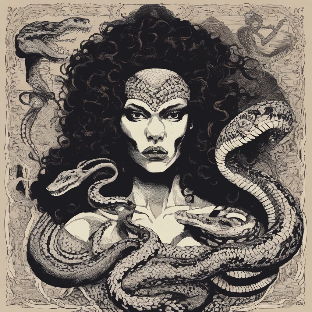 Medusa, hand drawn ink on paper illustration, double exposure, optical illusion, full length body, (lamia, gorgon, snake woman hybrid, human upper-body, snake tail lower-body), snake skin dress, fullbody, snake-haired, bald, hairless, (face, ornate black metal corpse paint, resembles Grace Jones), (background, pine barrens, entropy, rewilding, magic hour nautical twilight), (art style "Sean Gordon Murphy" comic drawing, splash panel), body drawn in Frederic Delavier musculature anatomical illustration art style, candid, the snake-haired head is covered in snakes that resemble pantera great southern trendkill, silhouette, full length body portrait, (body, Naga, snakefolk), (colors, forest green to earth brown, merge bleak muted deep fiery radiant glowing CMYK hues, (horror, abstract, surreal, body, cosmic), (art style Gerardo Zaffino charcoal), nyctophobia,