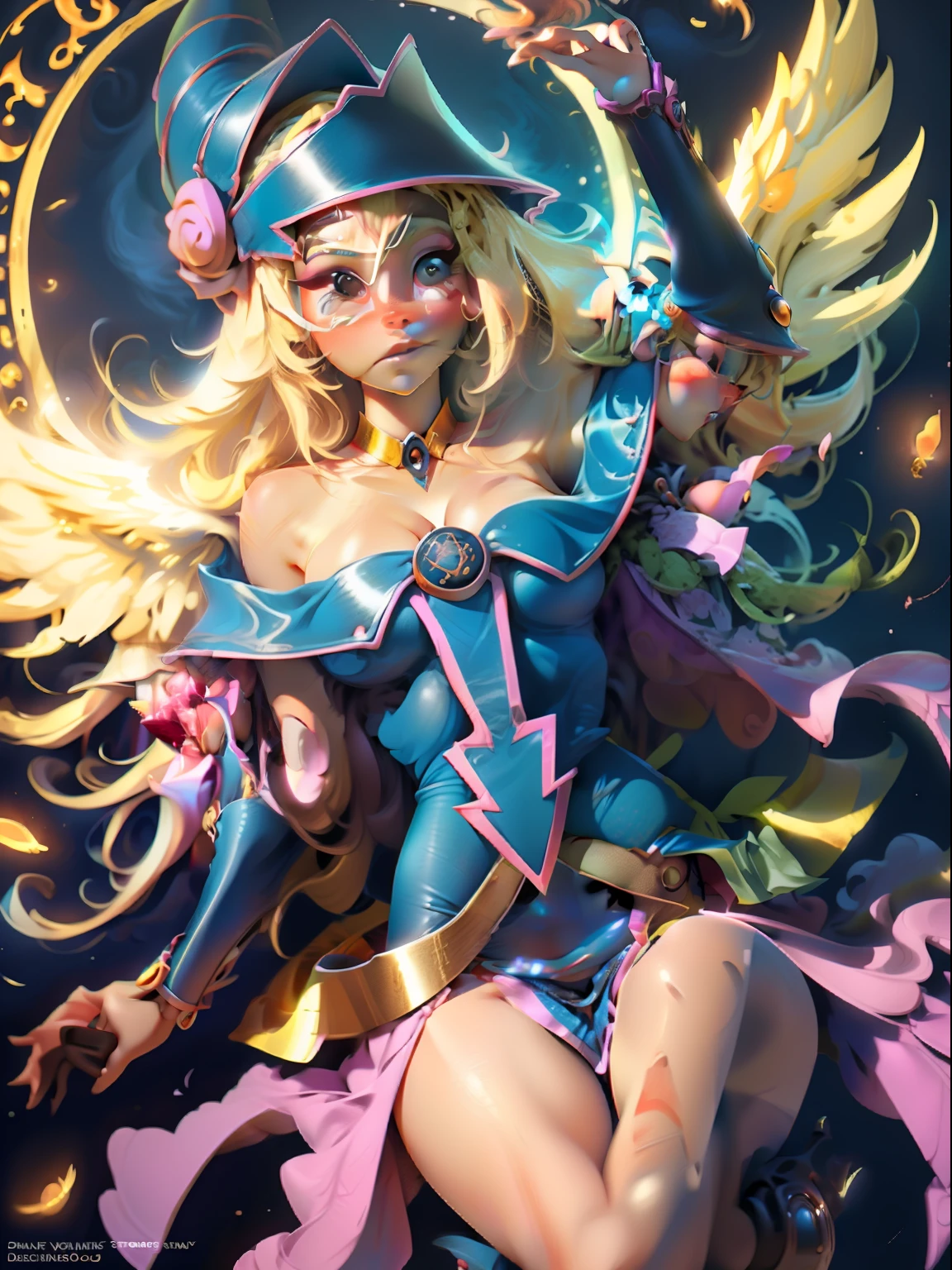 (Masterpiece:1.2), (The best quality:1.2), perfect lighting, Dark Magician Girl casting a spell, in battle. floating in the air, visible medium tits, transparent neckline, blue robe, big hat, From above, sparkles, Yugioh game, The magic of the heart. LIGHTS OF THE HEART, romantic heart. She wears gold heels. In heels. heels 