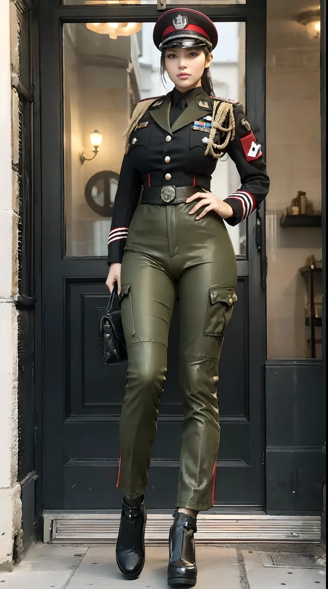 physically-based rendering, 1girl, Female soldier, (huge fake breasts:1.2), (street city), sexy muscular body, slim waist, big buttocks, (Full body:1.3), walking, skintight army pants, (military uniform:1.3).