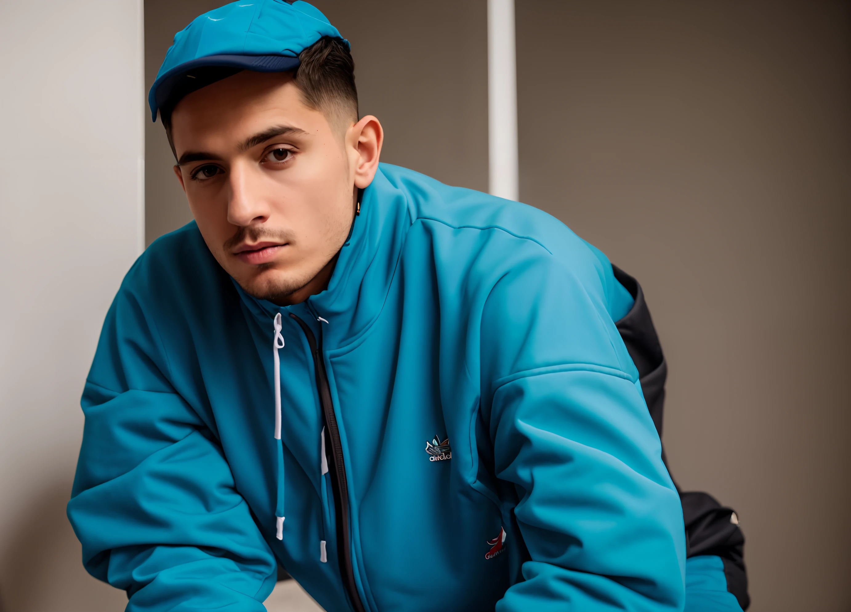 a closeup of a person wearing a jacket and a hat, teddy fresh, No estilo Jordan Grimmer, Estilo de Seb McKinnon, vestindo jaqueta azul, Pete Davidson, Jaqueta azul, Foto de perfil, vestindo uma jaqueta azul, Estilo de Jordan Grimmer, oficial, tommy 1 6 anos de idade, Coelho ruim, arte oficial, Machênico, Homem em Tracksuit Adidas