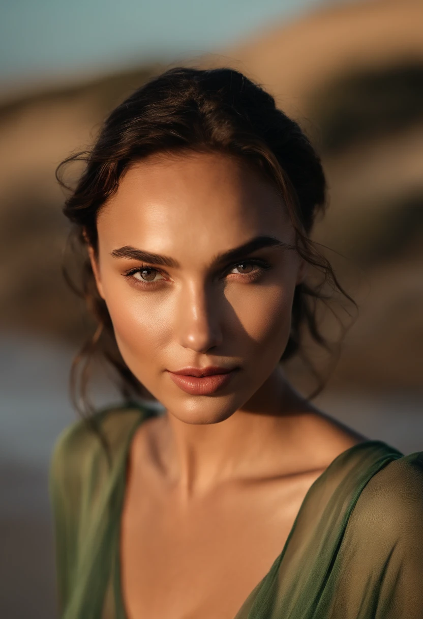 femme brune, 18 ans, Yeux vert clair, Slight smile, Portrait de Gal Gadot, nue, sur la plage