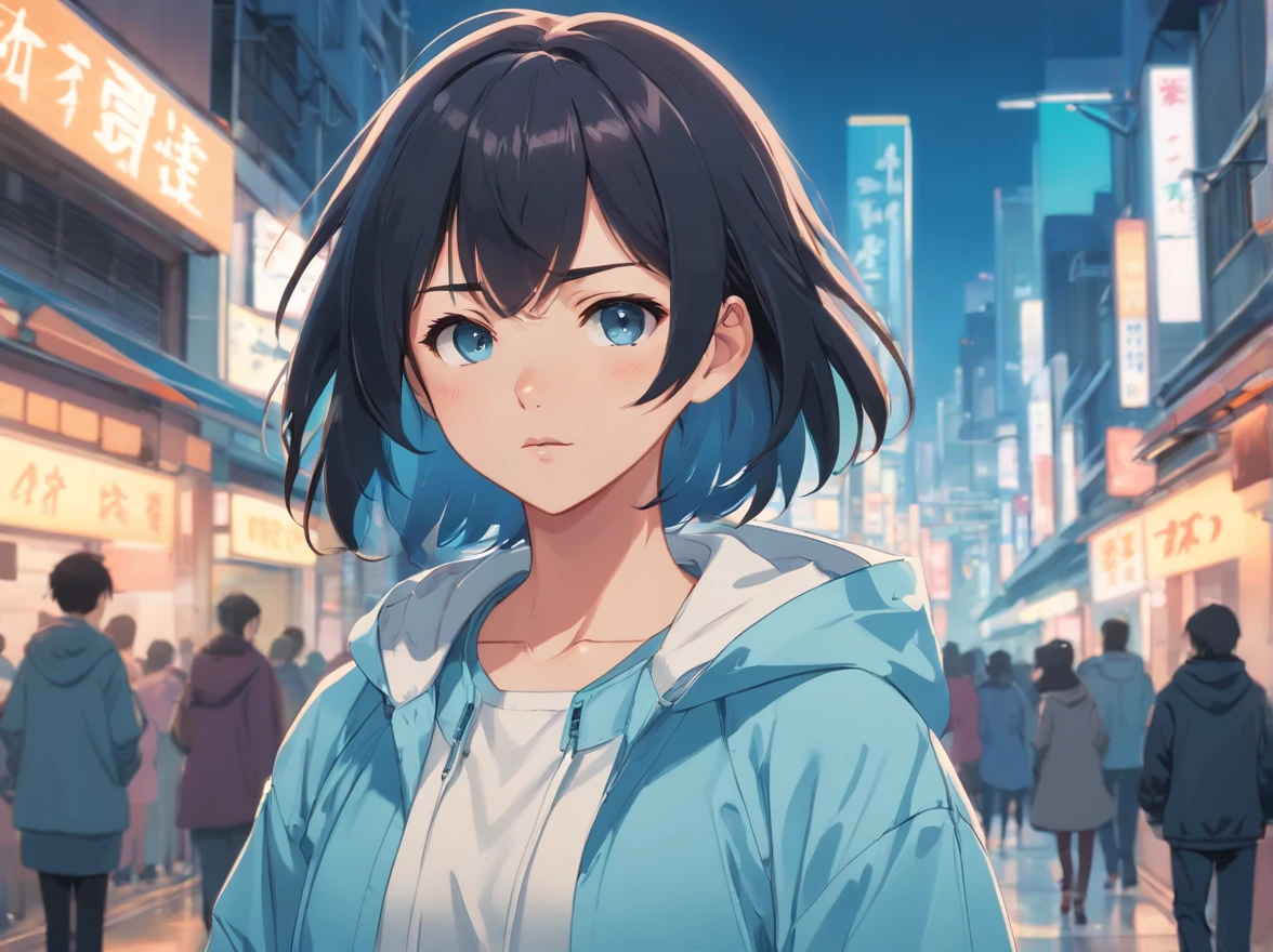1girl, female, medium breasts, large ass, wearing a long oversized light blue windbreaker, short black hair, standing straight, facing the camera