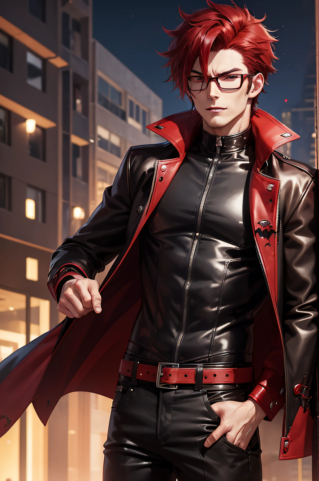 sexy male anime character with dark hair with red highlights and a black jacket, with red hair, scruffy face hair, transparent glasses, anime handsome man, male anime character, 1boy, solo, suoh mikoto, k project, (((vampire))), insanity, malkavian, city in background, (night), smirk, cowboy shot, dynamic lighting