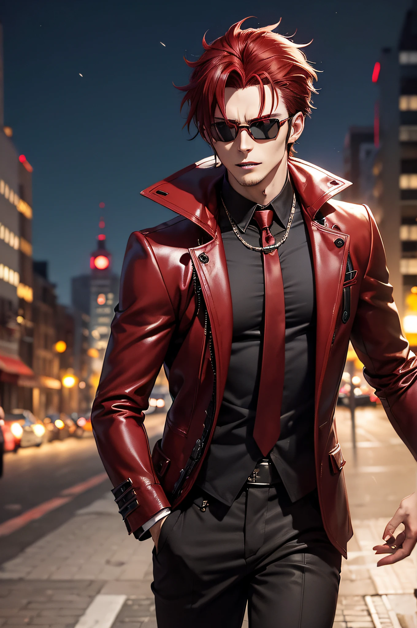 sexy male anime character with dark hair with red highlights and a black jacket, with red hair, scruffy face hair, transparent glasses, anime handsome man, male anime character, 1boy, solo, suoh mikoto, k project, (((vampire))), insanity, malkavian, city in background, (night), smirk, cowboy shot, dynamic lighting