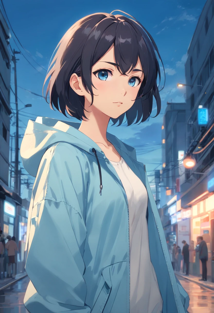 1girl, female, medium breasts, large ass, wearing a long oversized light blue windbreaker, short black hair, standing straight, facing the camera