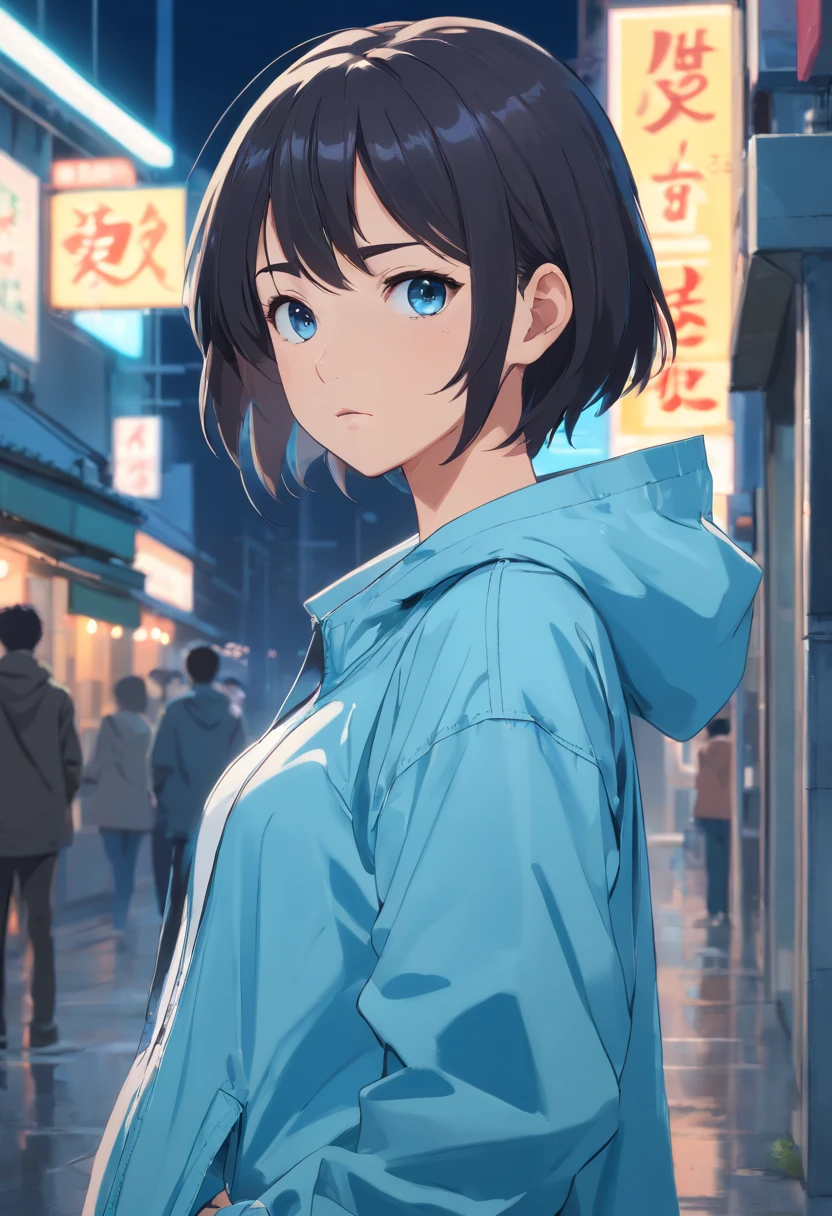 1girl, female, medium breasts, large ass, wearing a long oversized light blue windbreaker, short black hair, standing straight, facing the camera